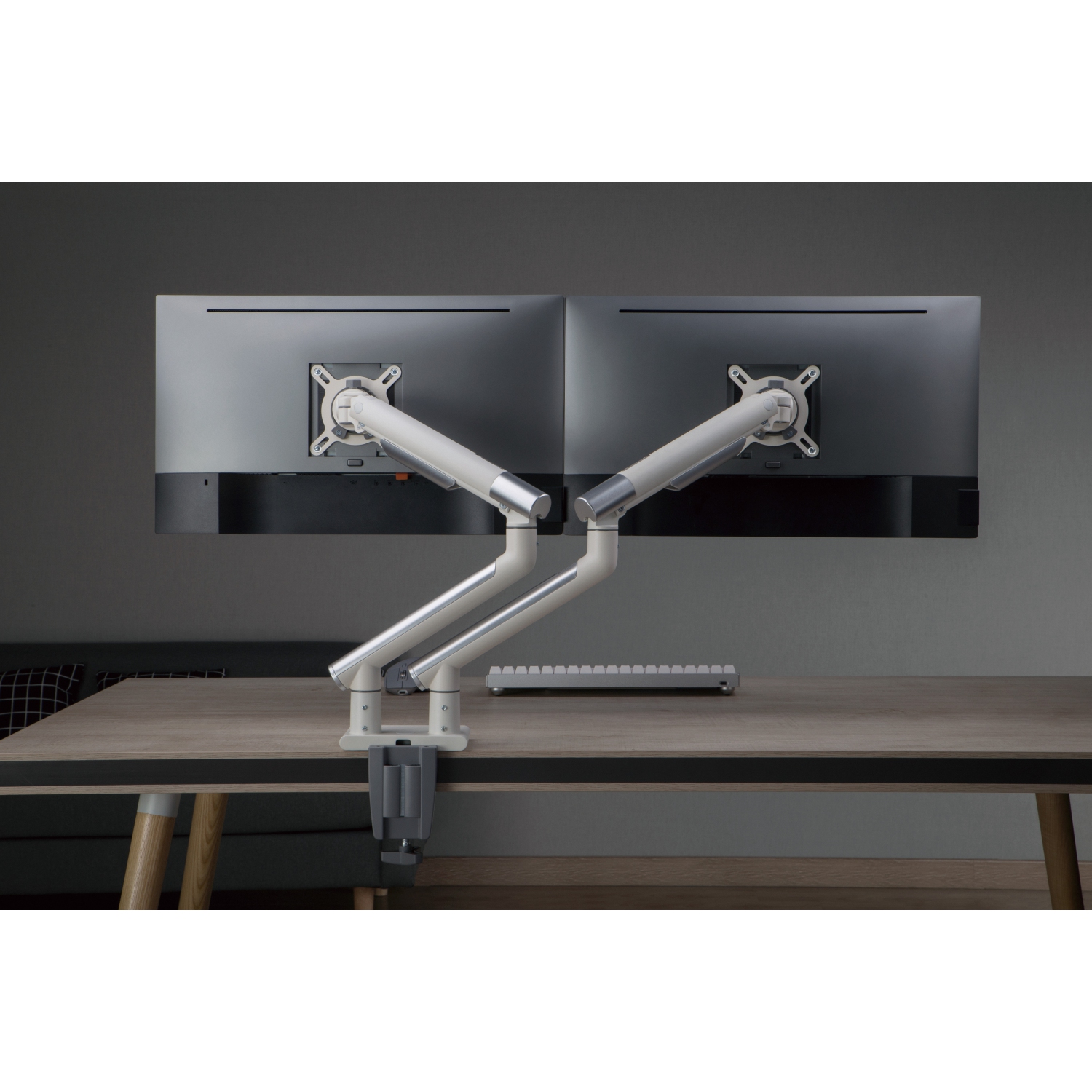 Amer Mounts Dual Articulating Spring Monitor Arm [Arctic Edition] For 17"-32" Monitors 9kg Max Weight per Screen - Clamp and Grommet Base Mount