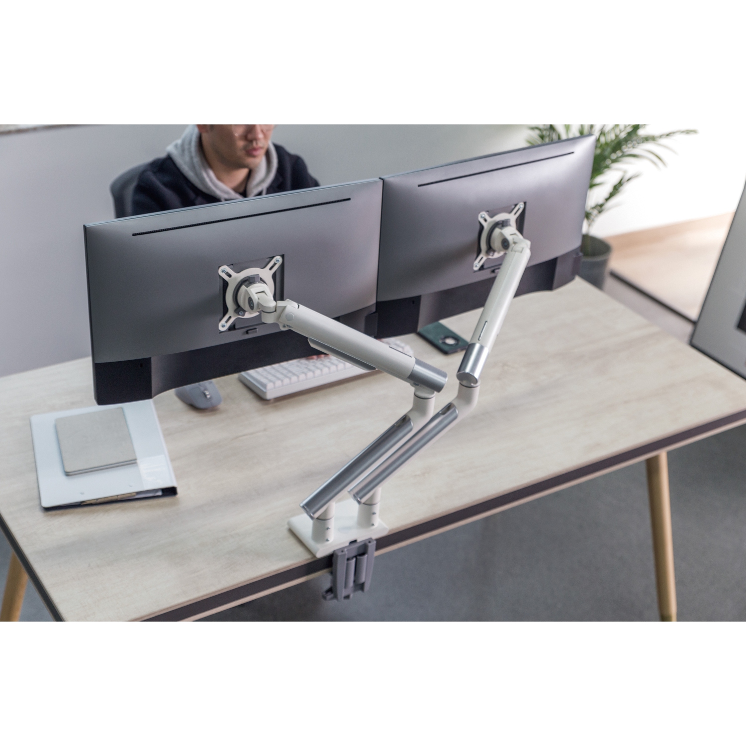 Amer Mounts Dual Articulating Spring Monitor Arm [Arctic Edition] For 17"-32" Monitors 9kg Max Weight per Screen - Clamp and Grommet Base Mount