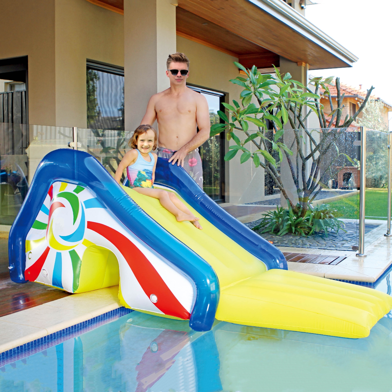 Yellow and Blue Pool Side Slide With an Attached Sprayer, 98-Inches