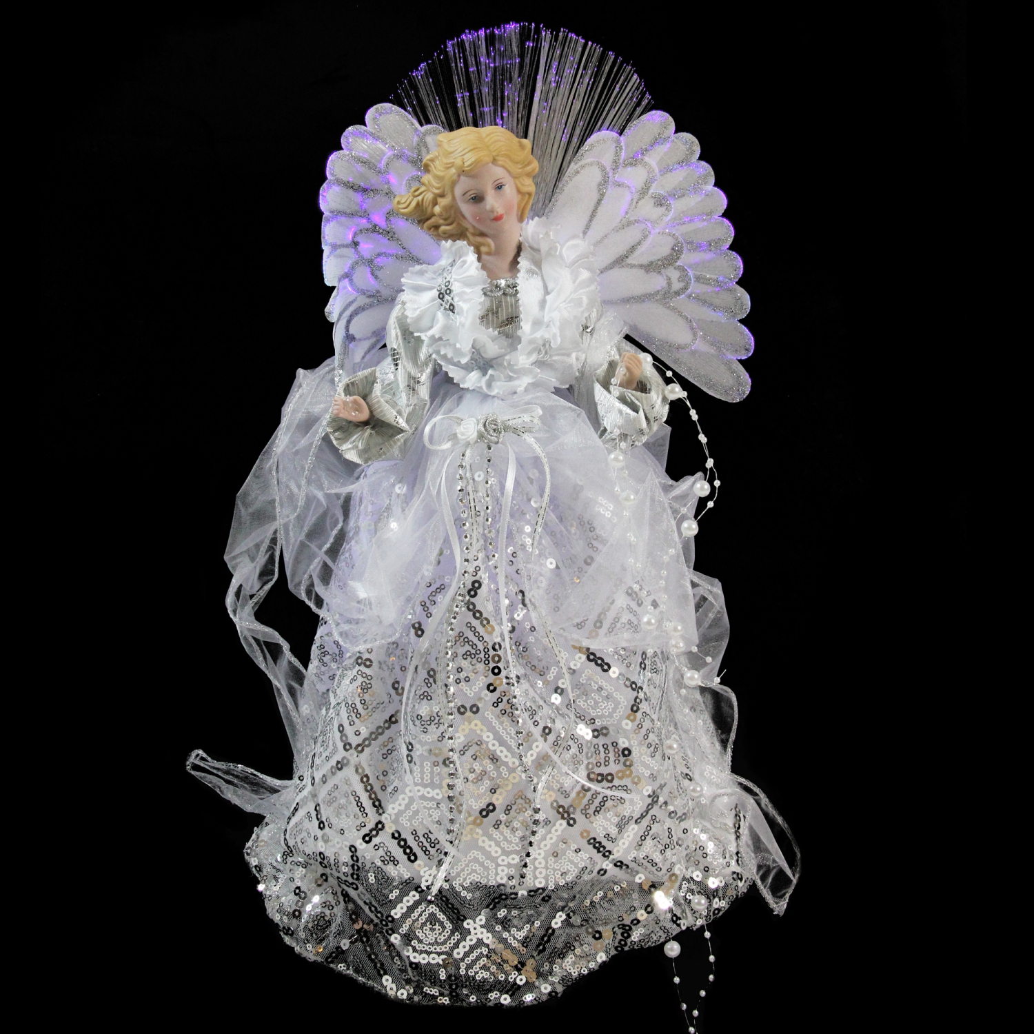 16" White and Silver Lighted Angel Sequined Gown Christmas Tree Topper