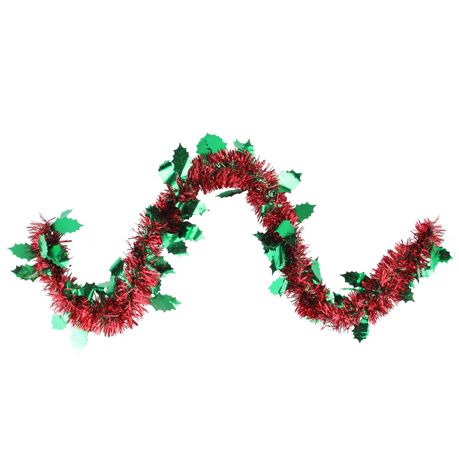 50' Shiny Red Christmas Tinsel Garland with Green Holly - Unlit