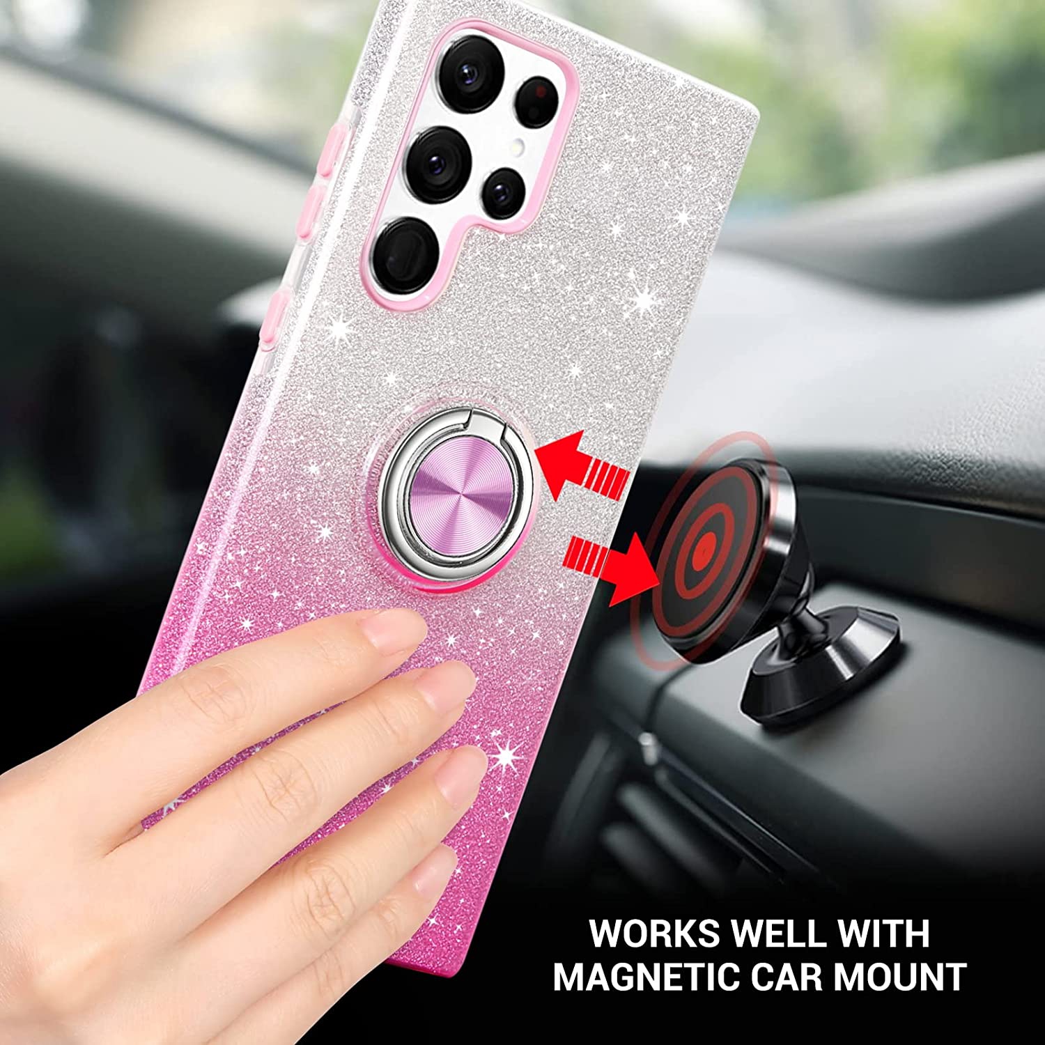 Étui scintillant S22 Ultra Protection avec pare-chocs doux en TPUR| Support pour anneau d'doigt pivotant à 360°| Support magnétique antichoc pour