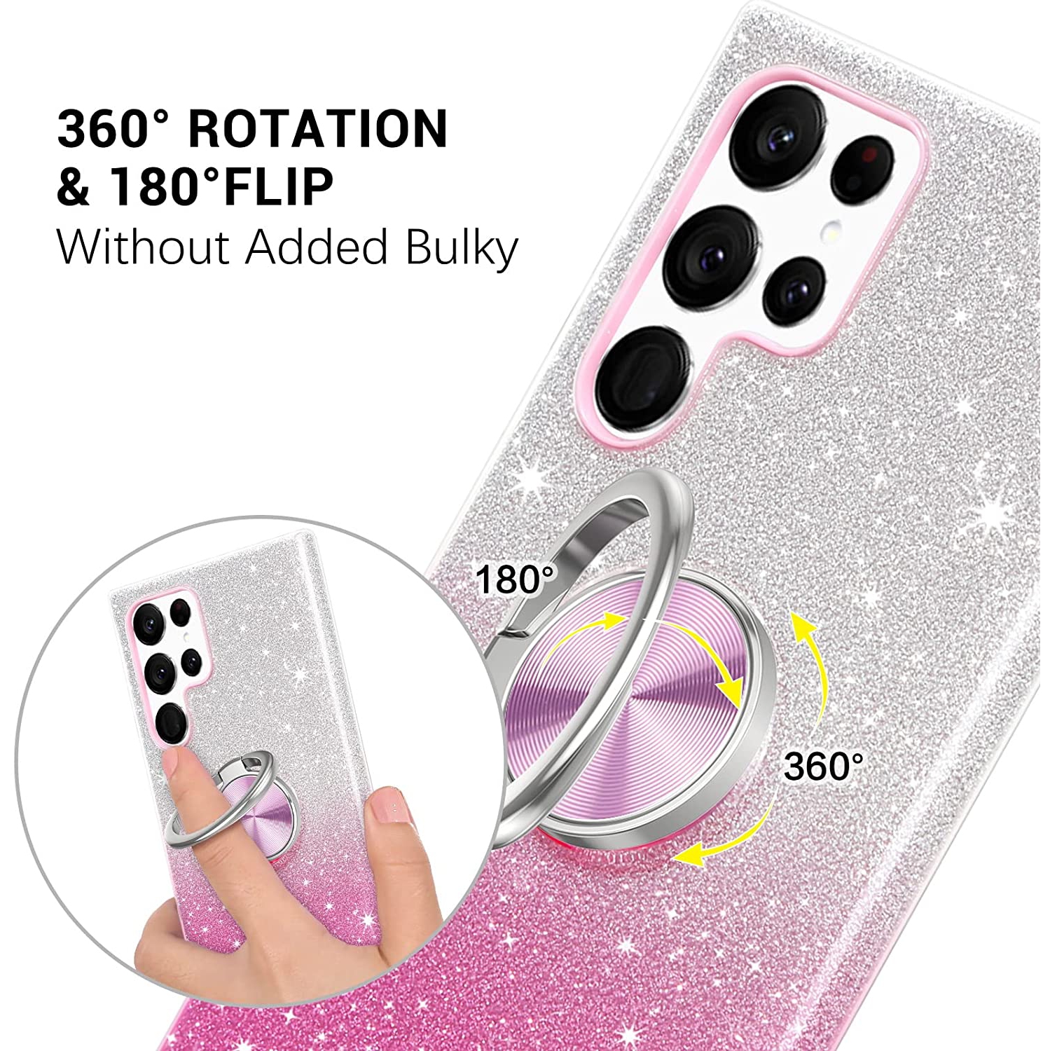 Étui scintillant S22 Ultra Protection avec pare-chocs doux en TPUR| Support pour anneau d'doigt pivotant à 360°| Support magnétique antichoc pour