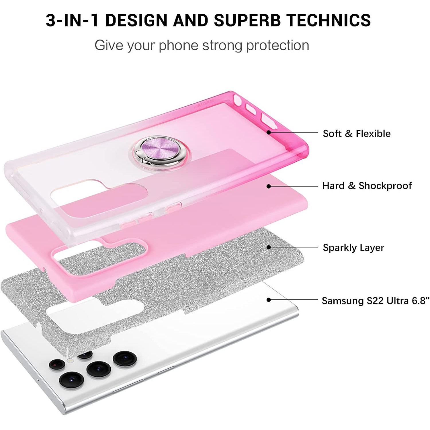 Étui scintillant S22 Ultra Protection avec pare-chocs doux en TPUR| Support pour anneau d'doigt pivotant à 360°| Support magnétique antichoc pour