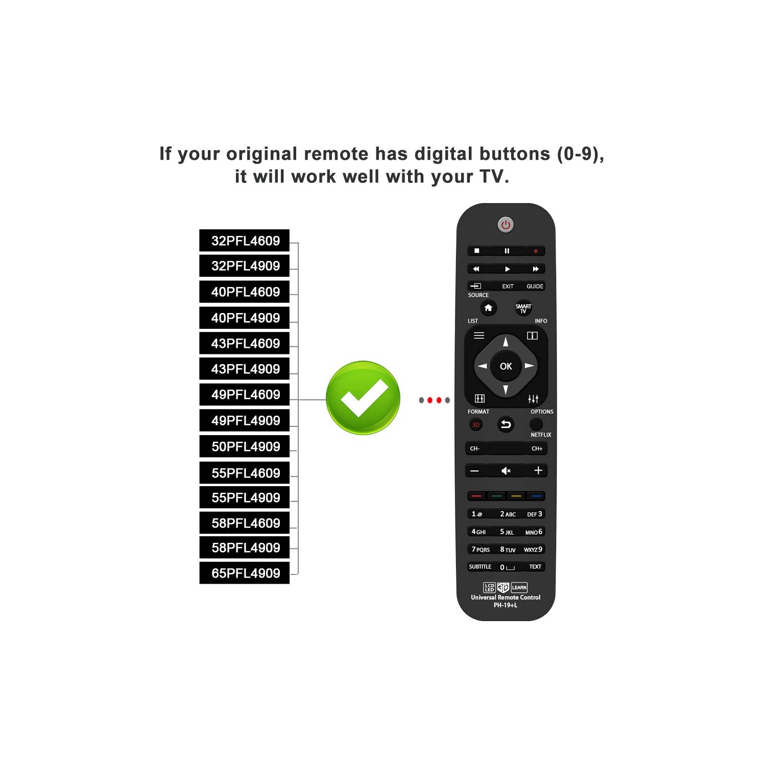 Universal Remote Control PH-19 for Almost All Brand LCD LED HDTV, 23 24 28 29 32 39 40 43 46 47 49 50