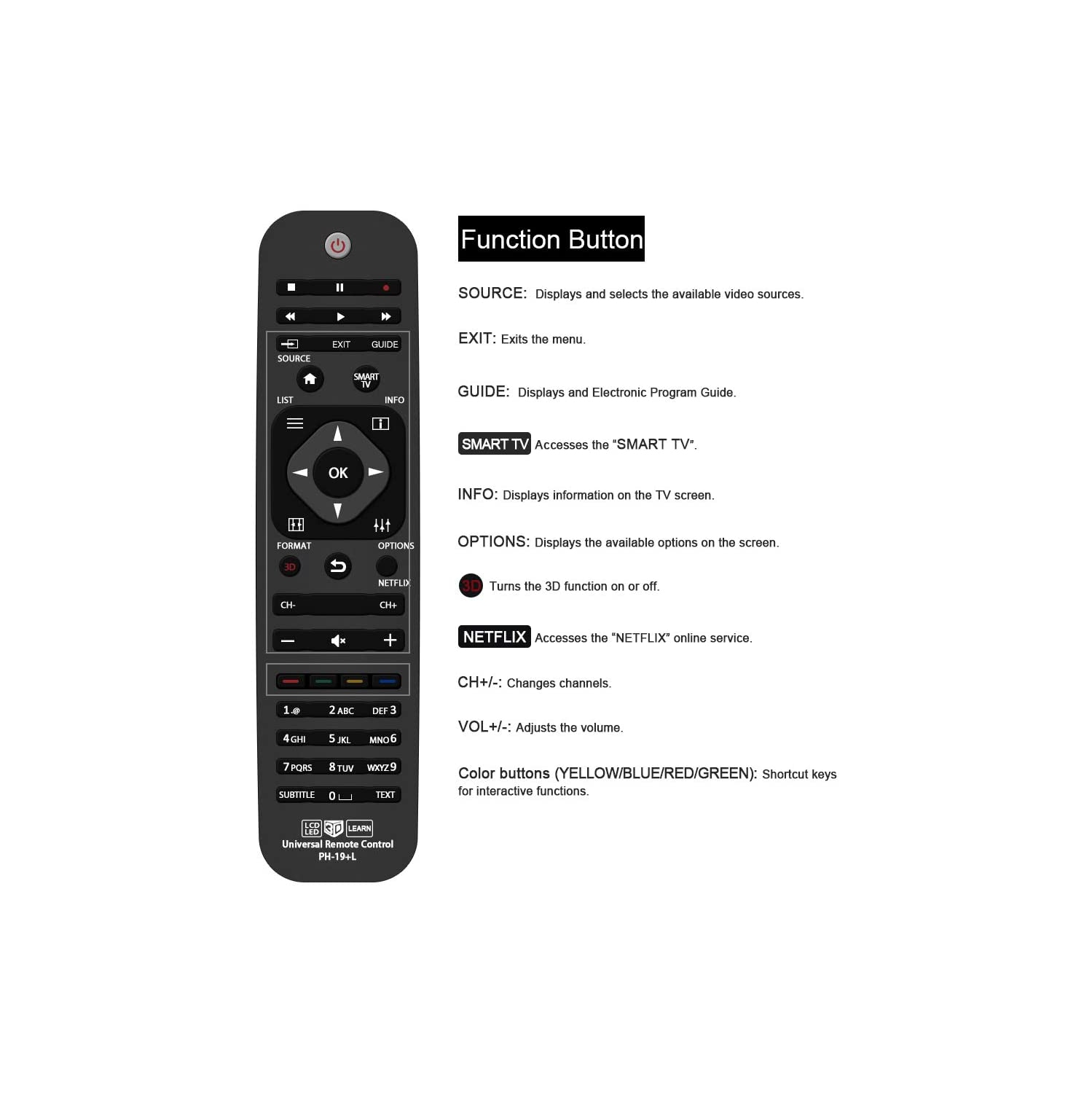 Universal Remote Control PH-19 for Almost All Brand LCD LED HDTV, 23 24 28 29 32 39 40 43 46 47 49 50