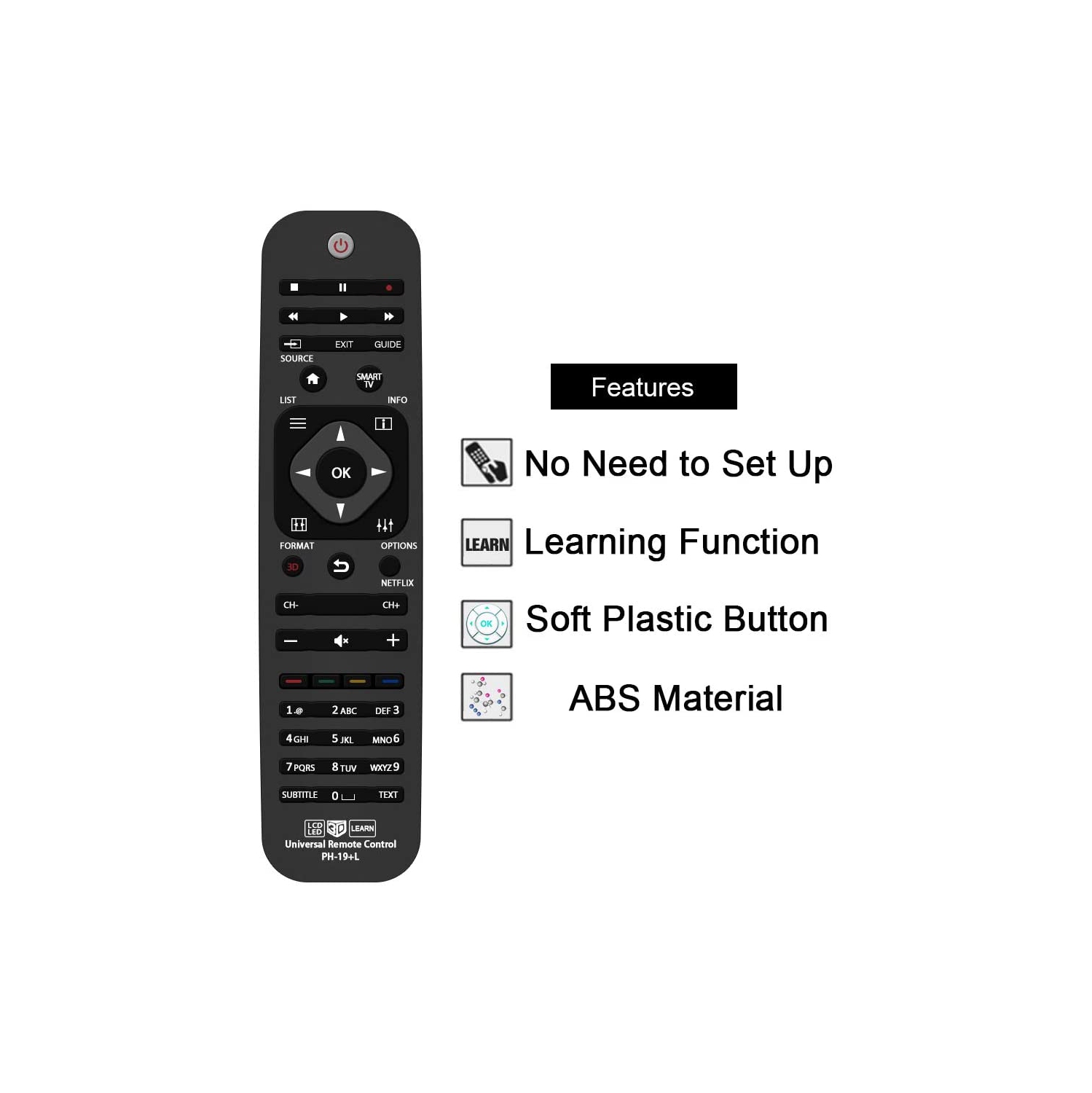 Universal Remote Control PH-19 for Almost All Brand LCD LED HDTV, 23 24 28 29 32 39 40 43 46 47 49 50
