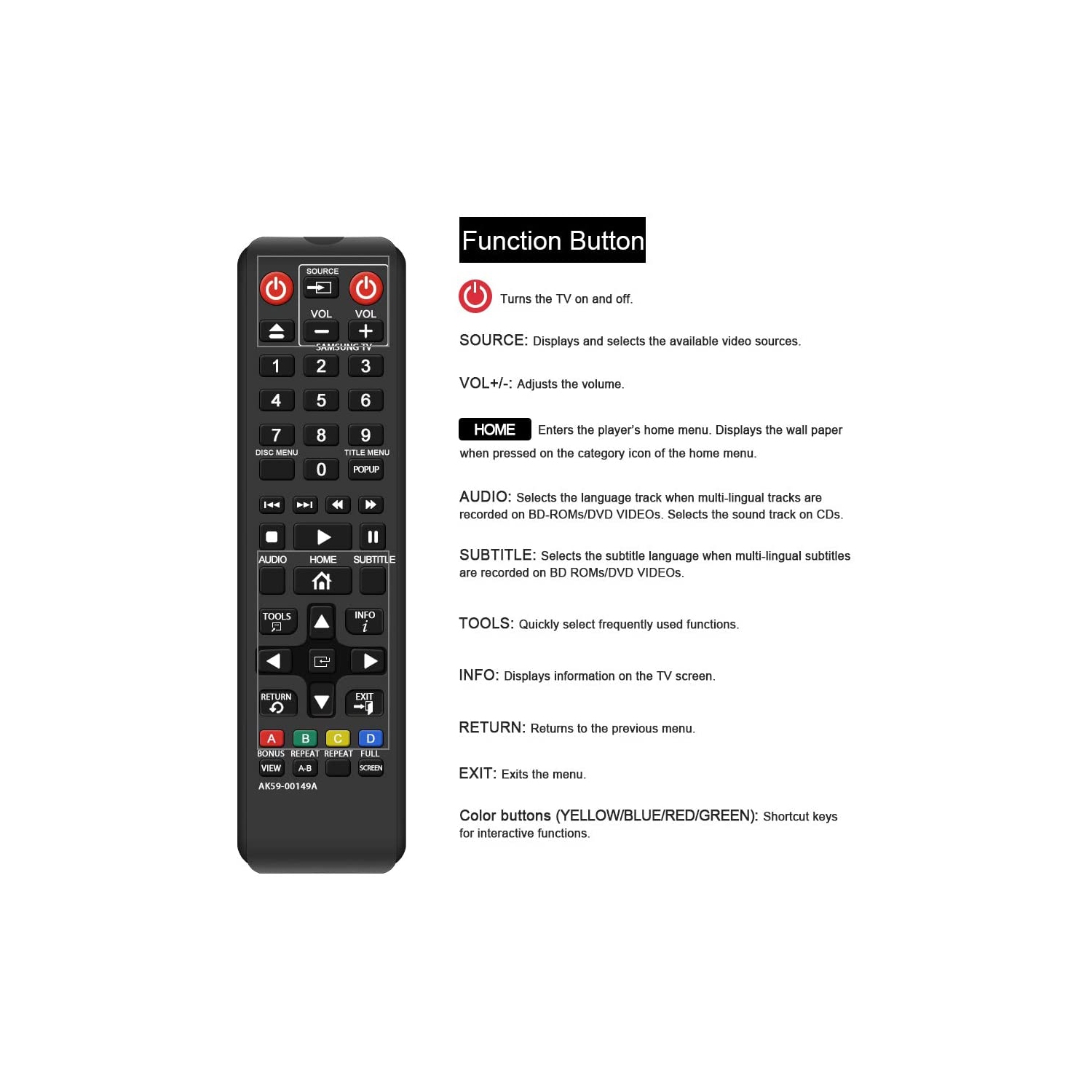 AK59-00149A Télécommande pour lecteur Blu-ray DVD BD de Samsung, applicable BDF5100/ZA BD-ES5300