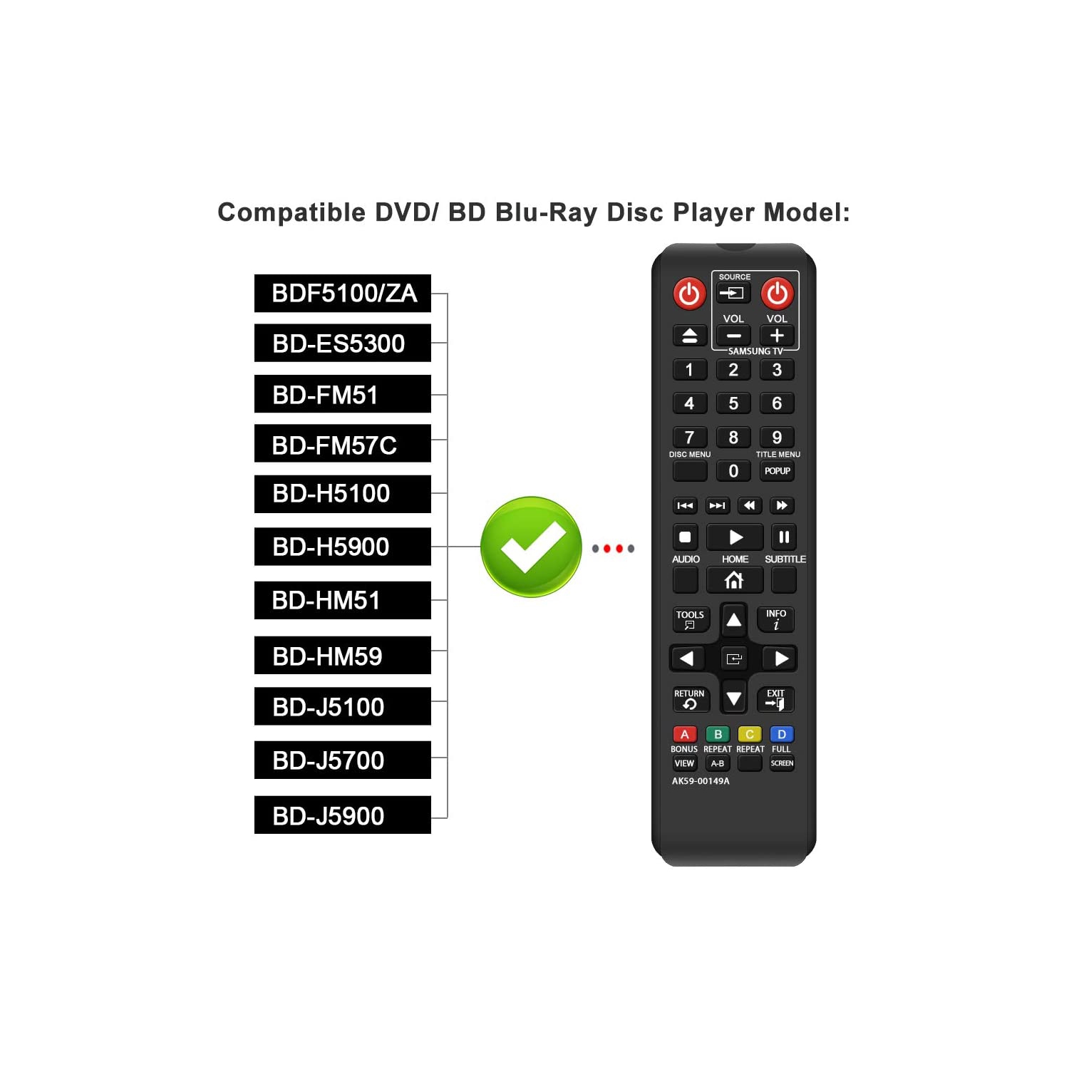 AK59-00149A Télécommande pour lecteur Blu-ray DVD BD de Samsung, applicable BDF5100/ZA BD-ES5300