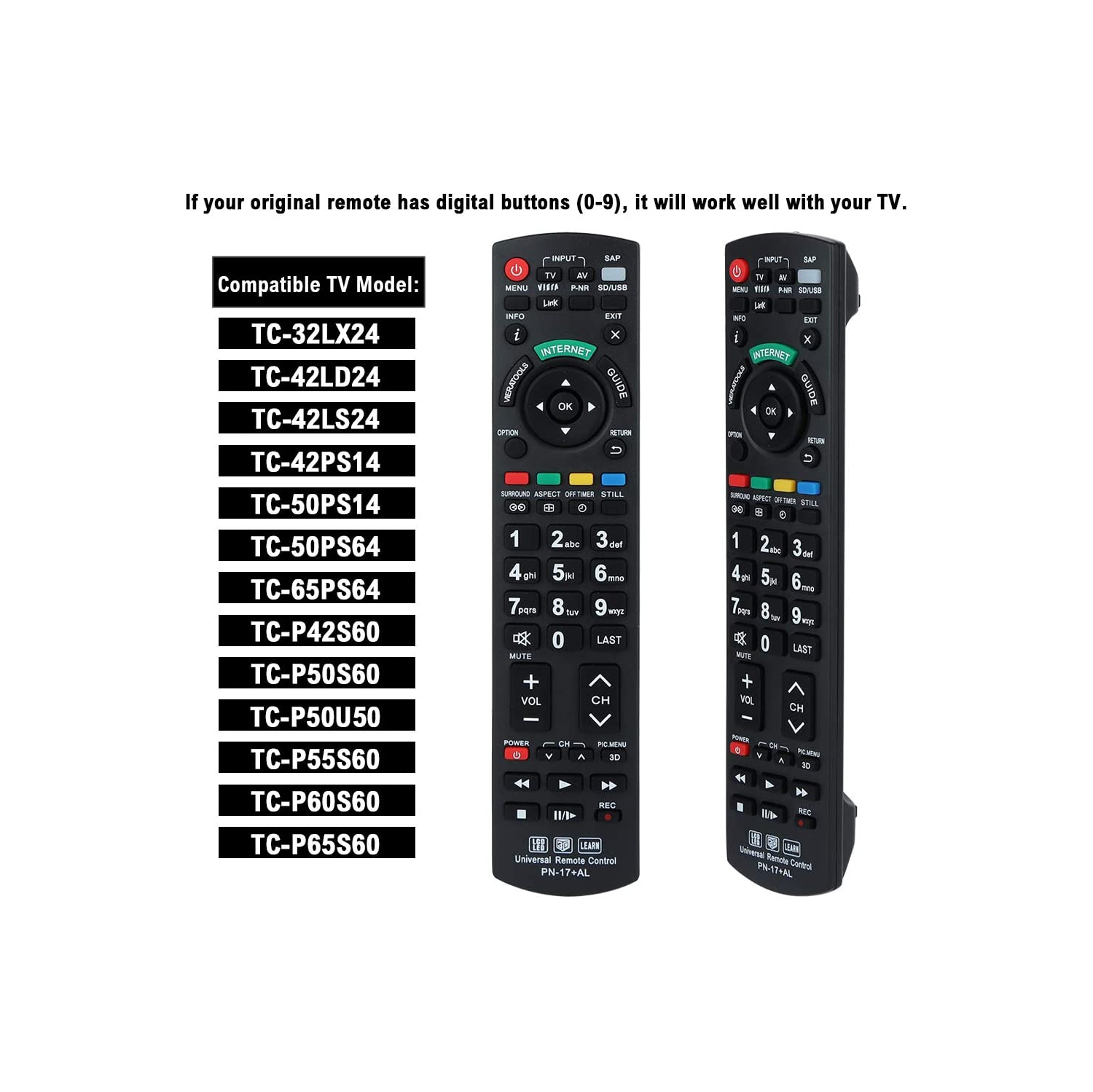 Universal Remote Control PN-17 Compatible Replacement for Panasonic TV/LCD/LED - TC-42LD24, TC-42LS24
