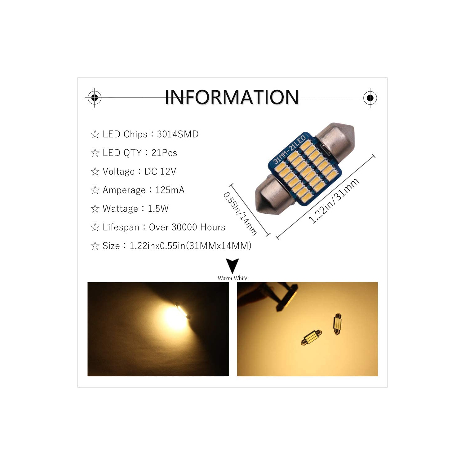 LED Dome Light Bulbs 31mm DE3175 DE3021 DE3022 Warm White 3000K 3014 SMD for Cars Map License Plate Trunk Interior