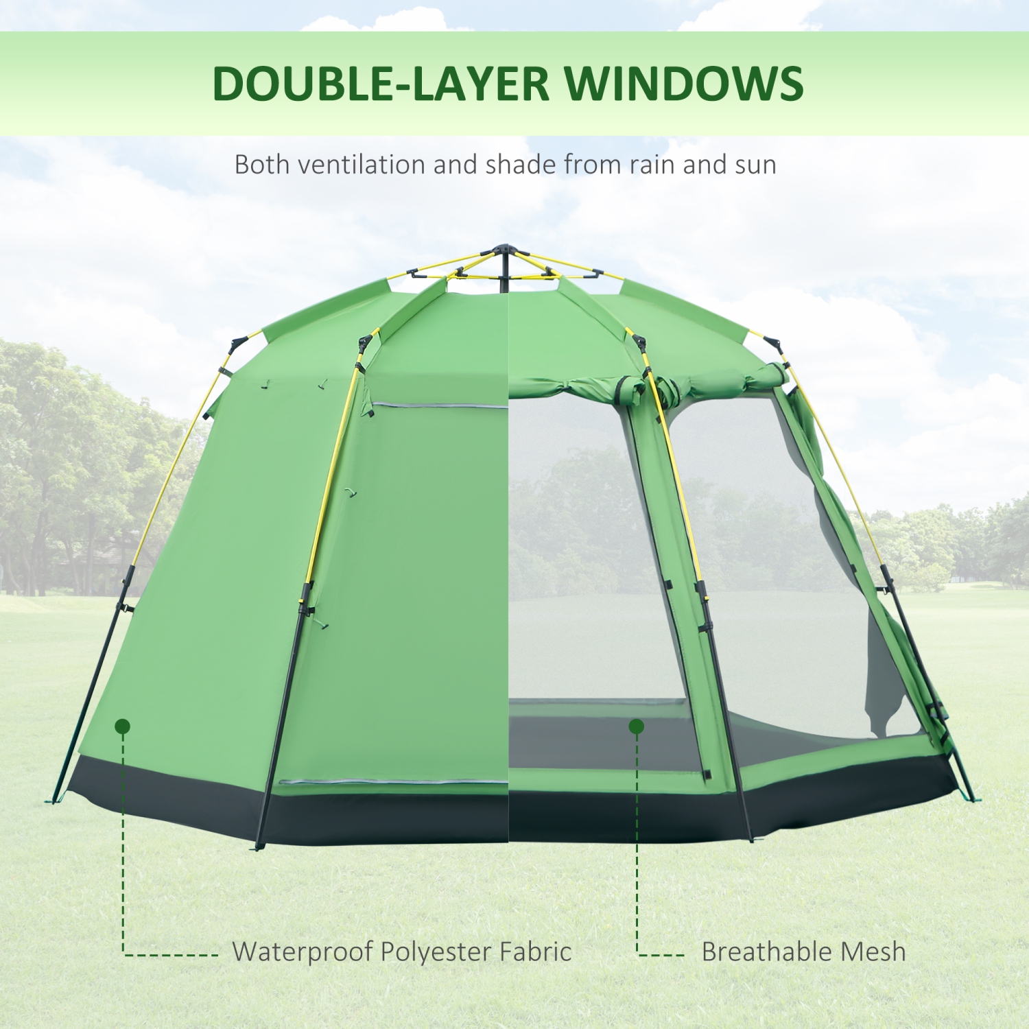 Outsunny 6 People Instant Automatic Camping Tent, 2-Tier Fabric Backpacking Tent with 4 Windows 2 Doors Portable Carry Bag for Fishing Hiking, Green
