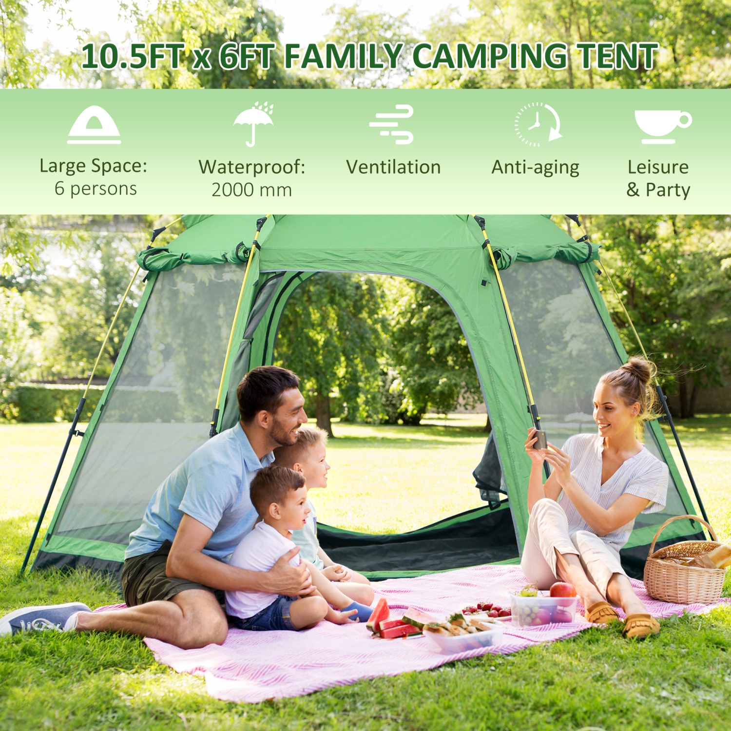 Outsunny 6 People Instant Automatic Camping Tent, 2-Tier Fabric Backpacking Tent with 4 Windows 2 Doors Portable Carry Bag for Fishing Hiking, Green