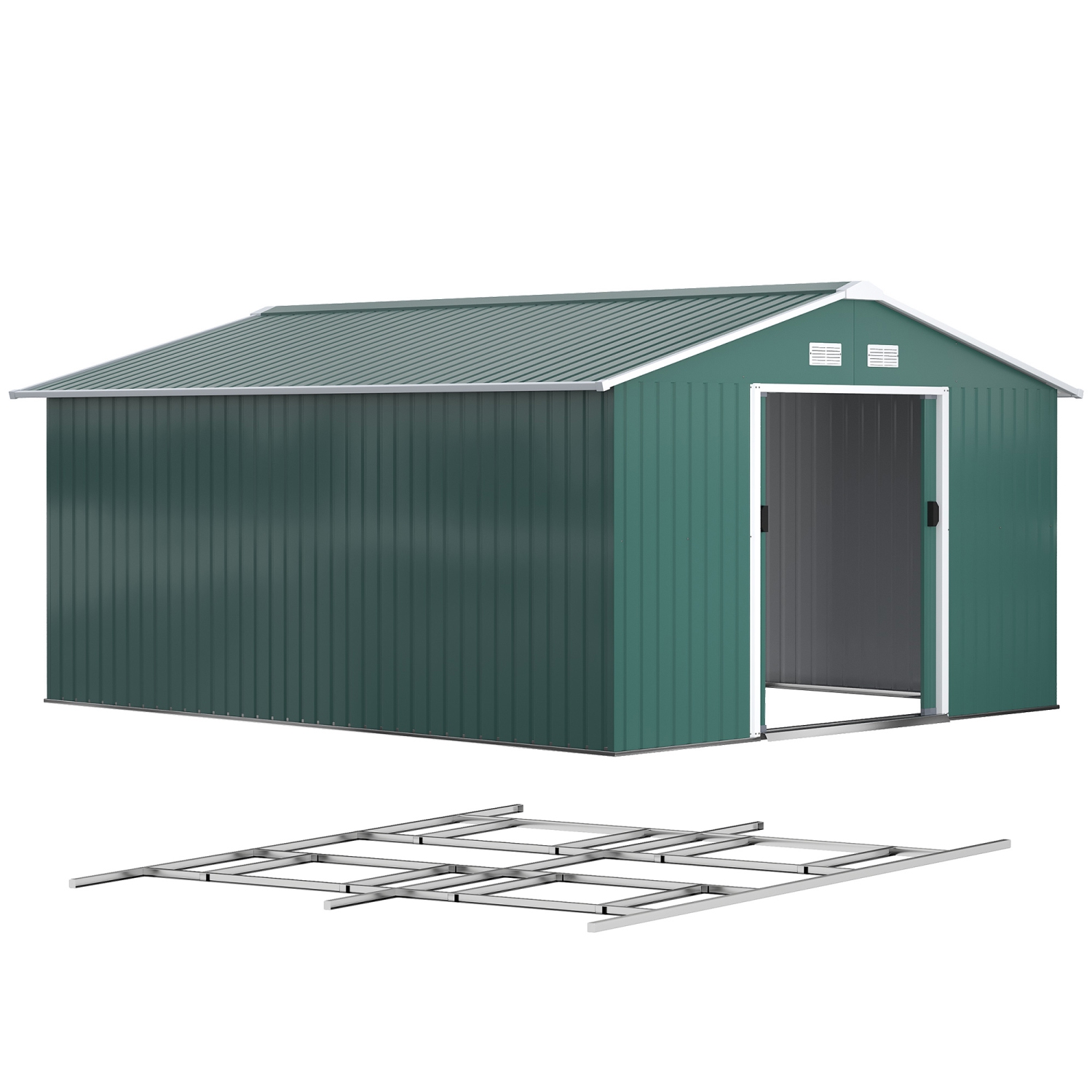 Outsunny 11' x 13' Garden Storage Shed with Foundation Kit, Metal Tool Storage House with Double Doors for Outdoor Patio Yard, Green