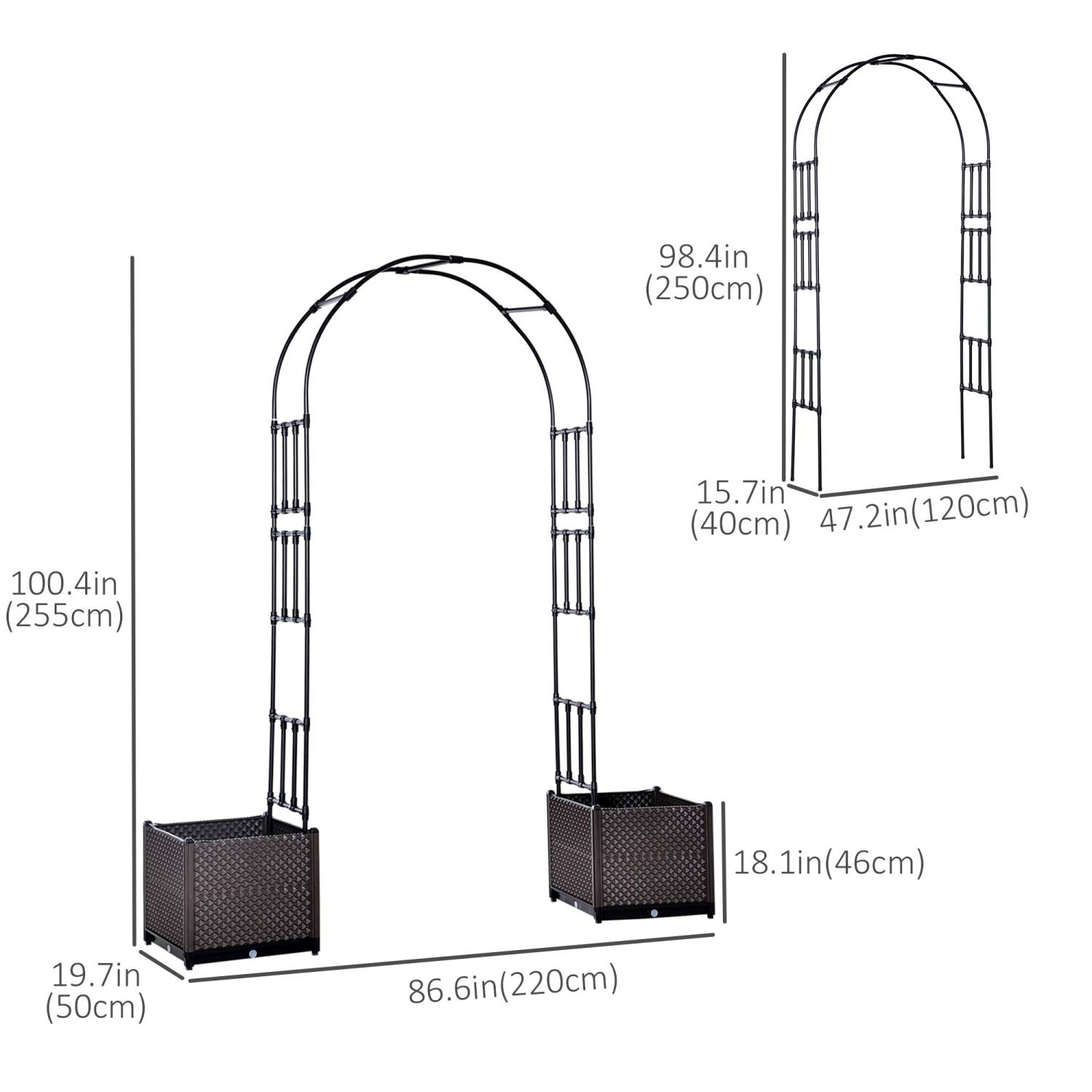 Outsunny 8ft Garden Arch with Two Planters Outdoor Steel Trellis Arbor for Climbing Plants, Weddings, Party, Brown, Black