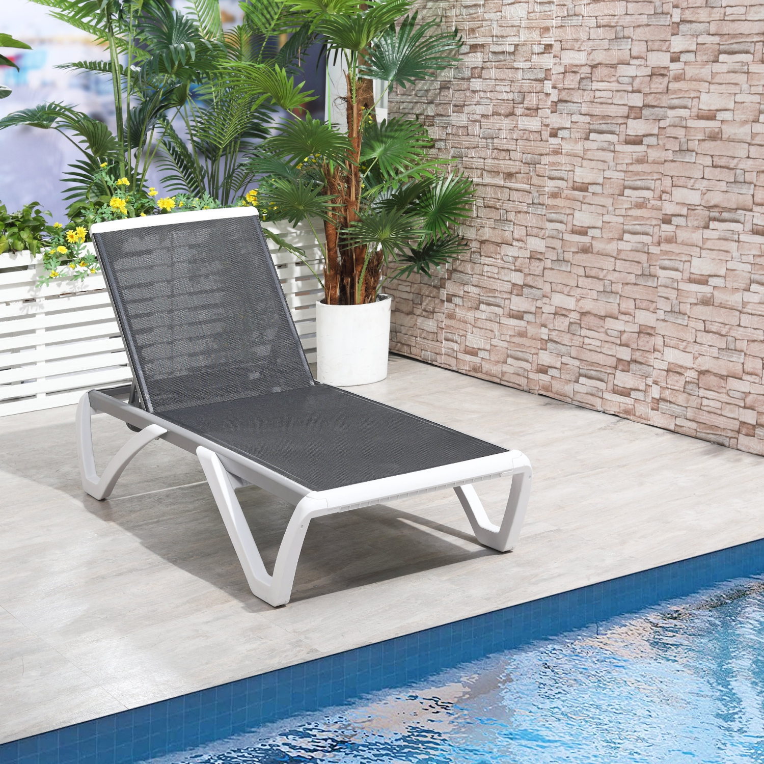 Chaise longue extérieure Outsunny, chaise de jardin en aluminium avec dossier réglable à 5 niveaux, roulettes portatives, tissu en filet perméable à