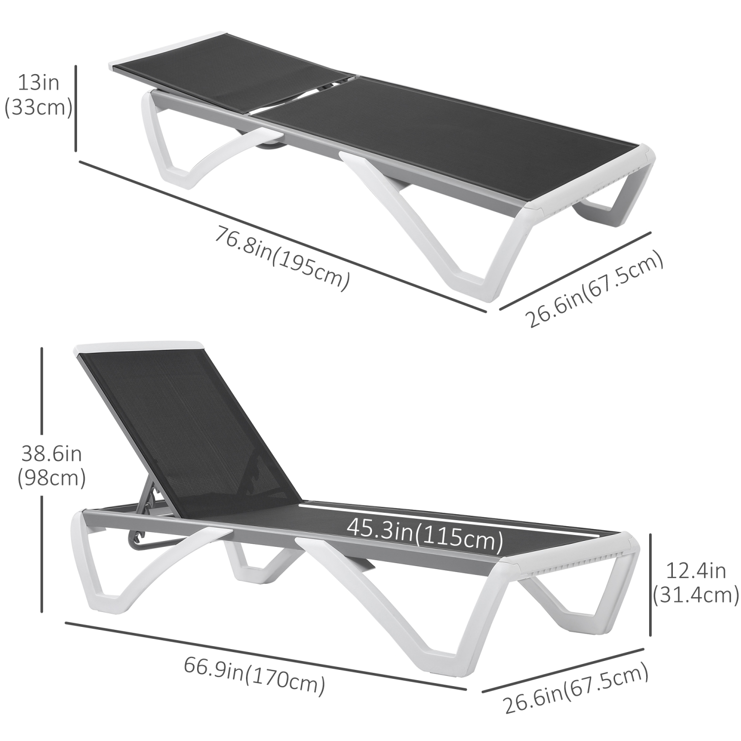 Chaise longue extérieure Outsunny, chaise de jardin en aluminium avec dossier réglable à 5 niveaux, roulettes portatives, tissu en filet perméable à