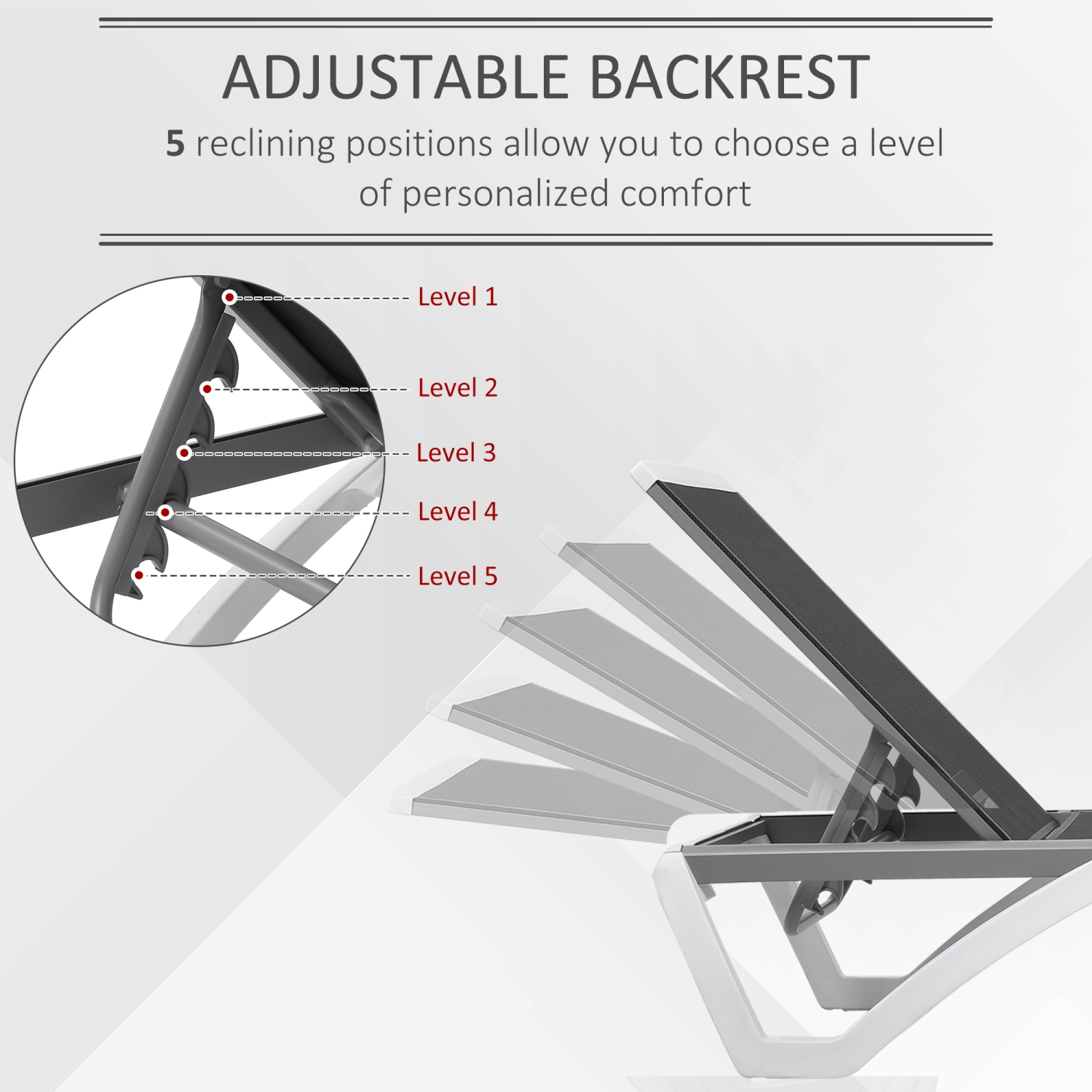 Chaise longue extérieure Outsunny, chaise de jardin en aluminium avec dossier réglable à 5 niveaux, roulettes portatives, tissu en filet perméable à