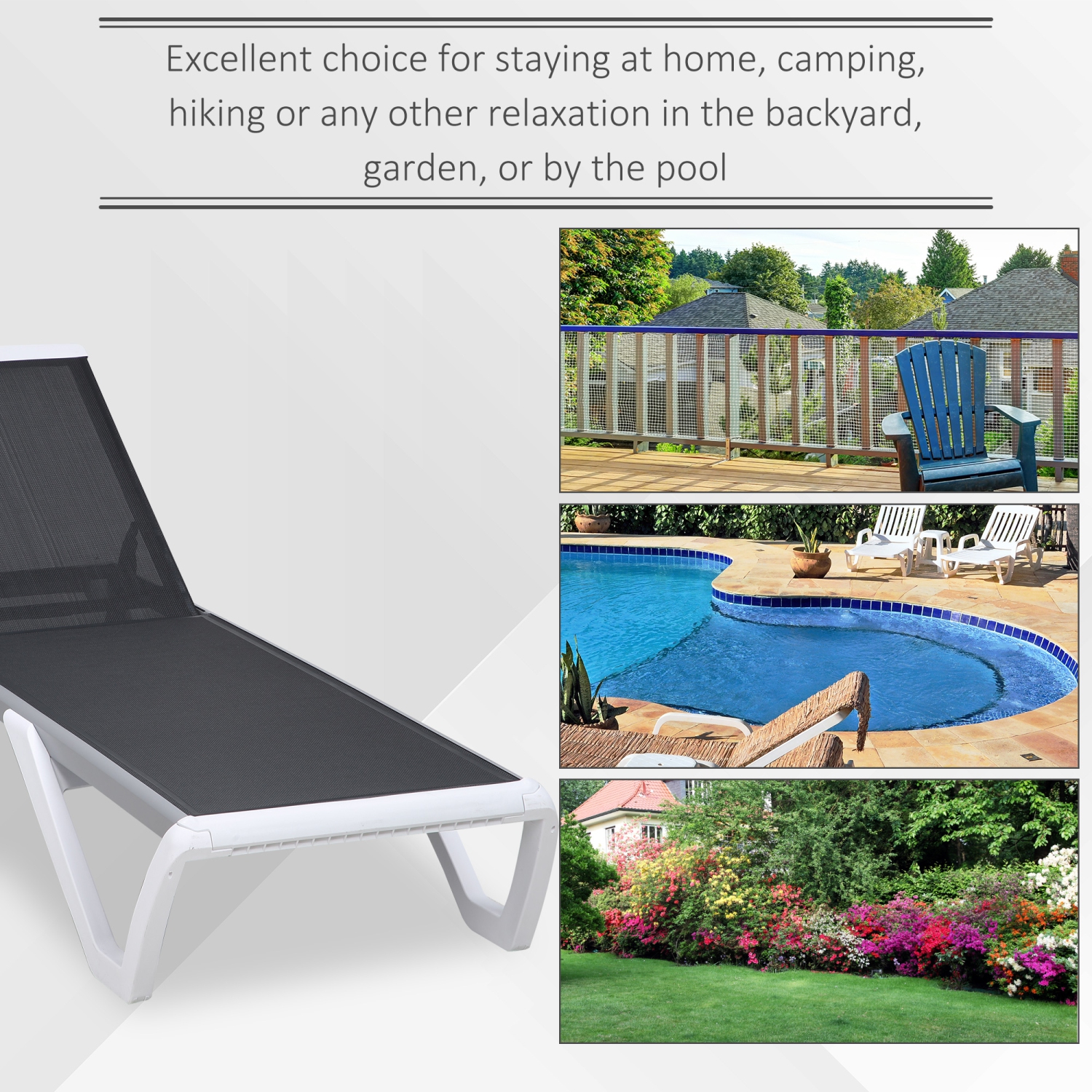 Chaise longue extérieure Outsunny, chaise de jardin en aluminium avec dossier réglable à 5 niveaux, roulettes portatives, tissu en filet perméable à