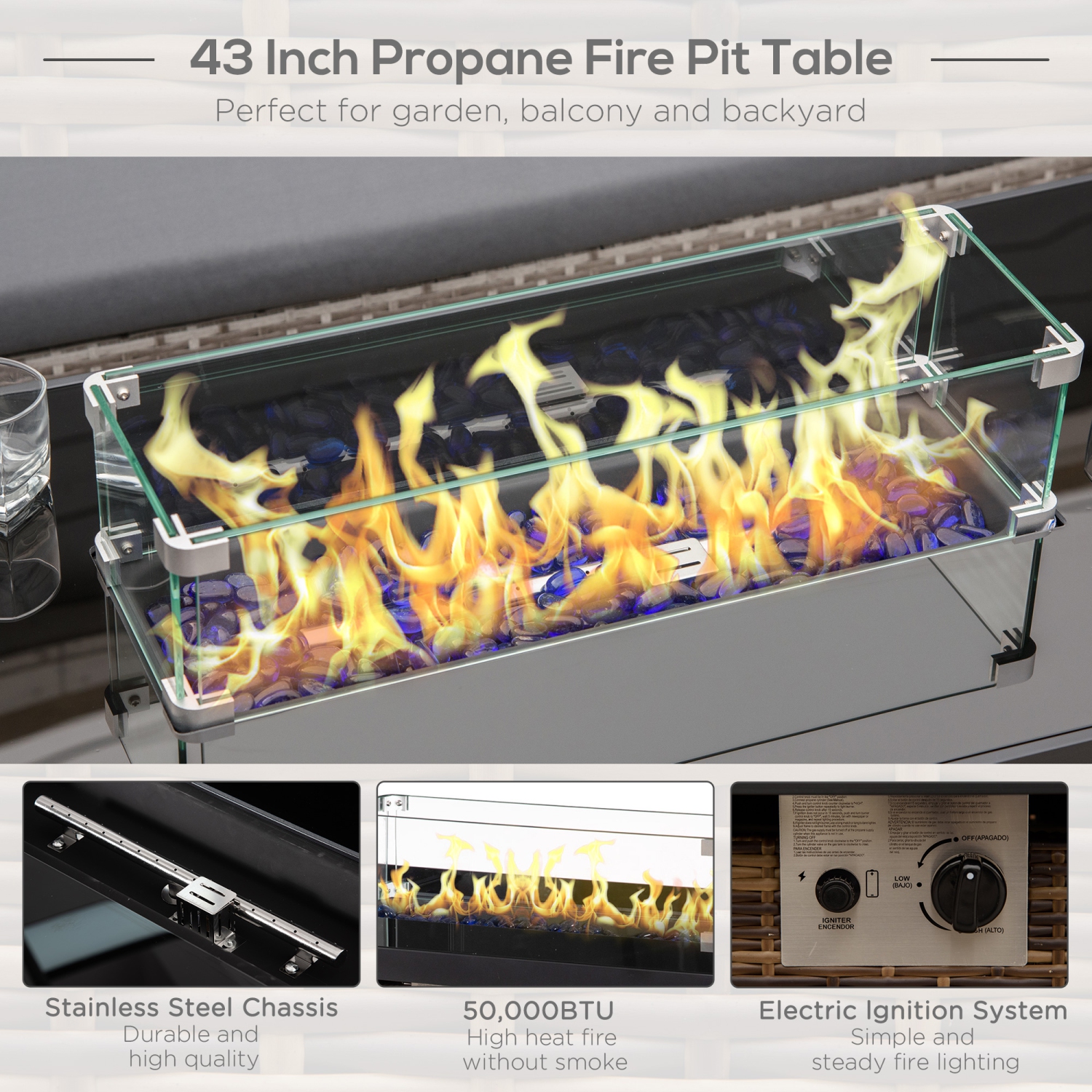 Table foyer extérieur au propane de 43 po Outsunny, foyer en osier à allumage pulsé 50 000 BTU avec pare-vent en verre, pierre en