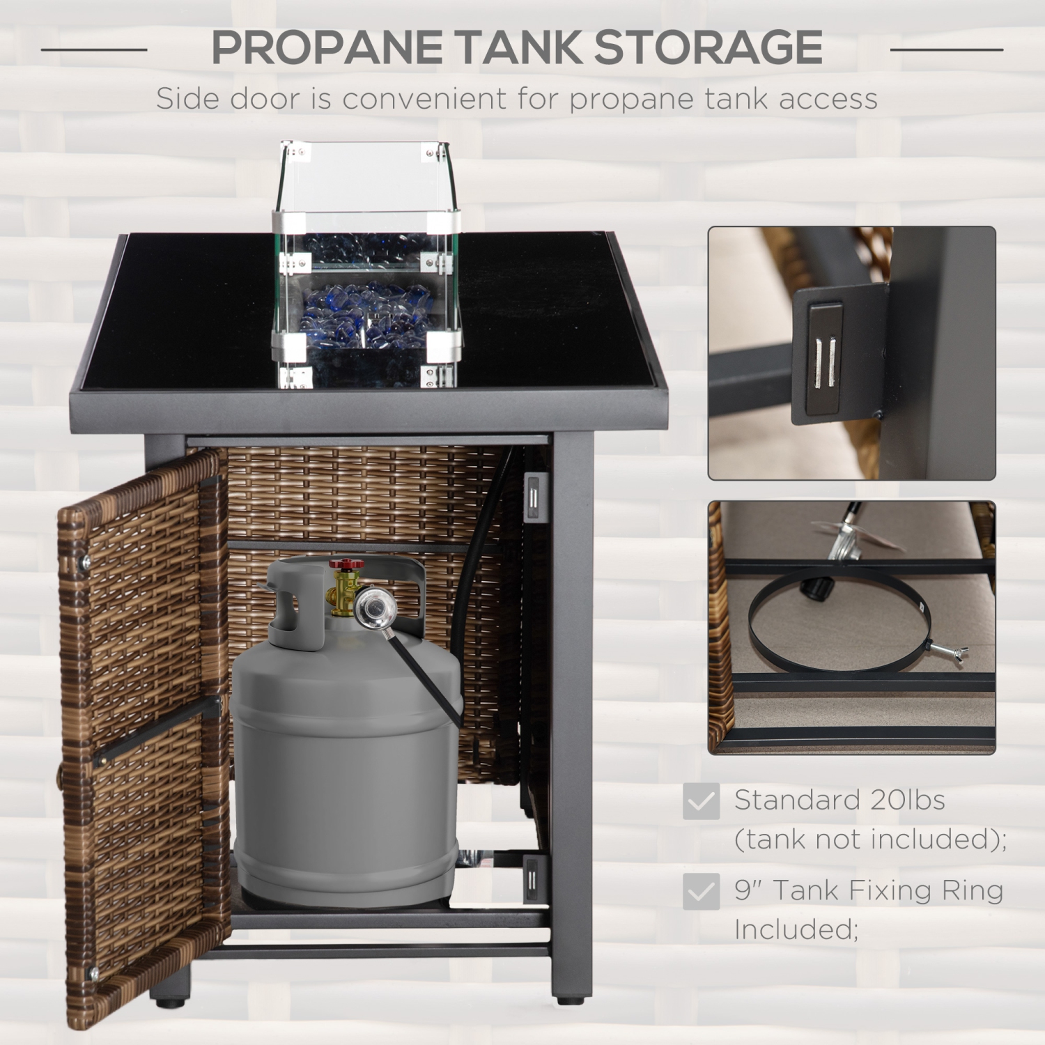 Table foyer extérieur au propane de 43 po Outsunny, foyer en osier à allumage pulsé 50 000 BTU avec pare-vent en verre, pierre en