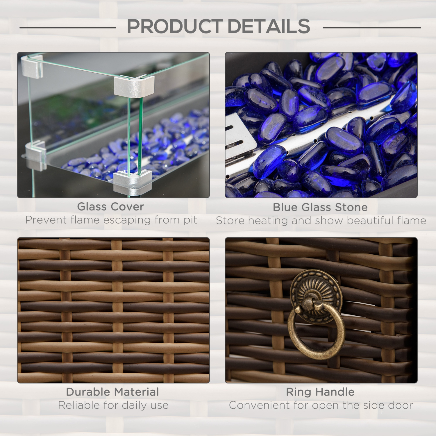 Table foyer extérieur au propane de 43 po Outsunny, foyer en osier à allumage pulsé 50 000 BTU avec pare-vent en verre, pierre en