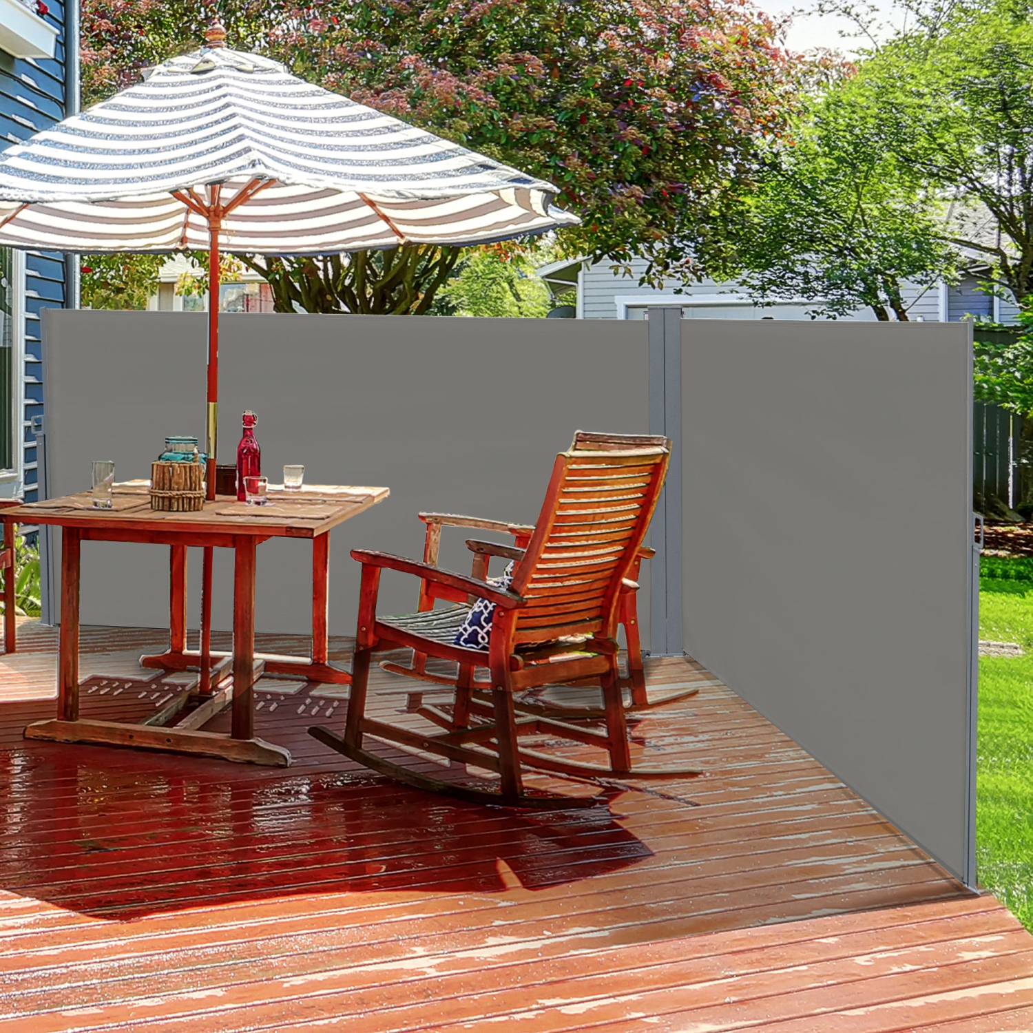 Outsunny Patio Retractable Double Side Awning, Folding Privacy French Screen Fence, Privacy Wall Corner Divider, Garden Outdoor Sun Shade Wind