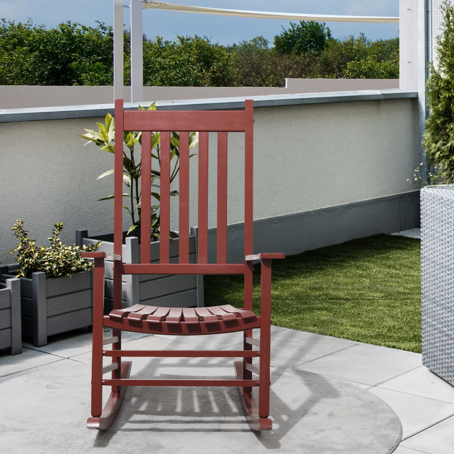 Outsunny Wooden Porch Rocking Chair Outdoor Patio Rocker Garden Single Leisure Reclining Seat Armchair Wine Red