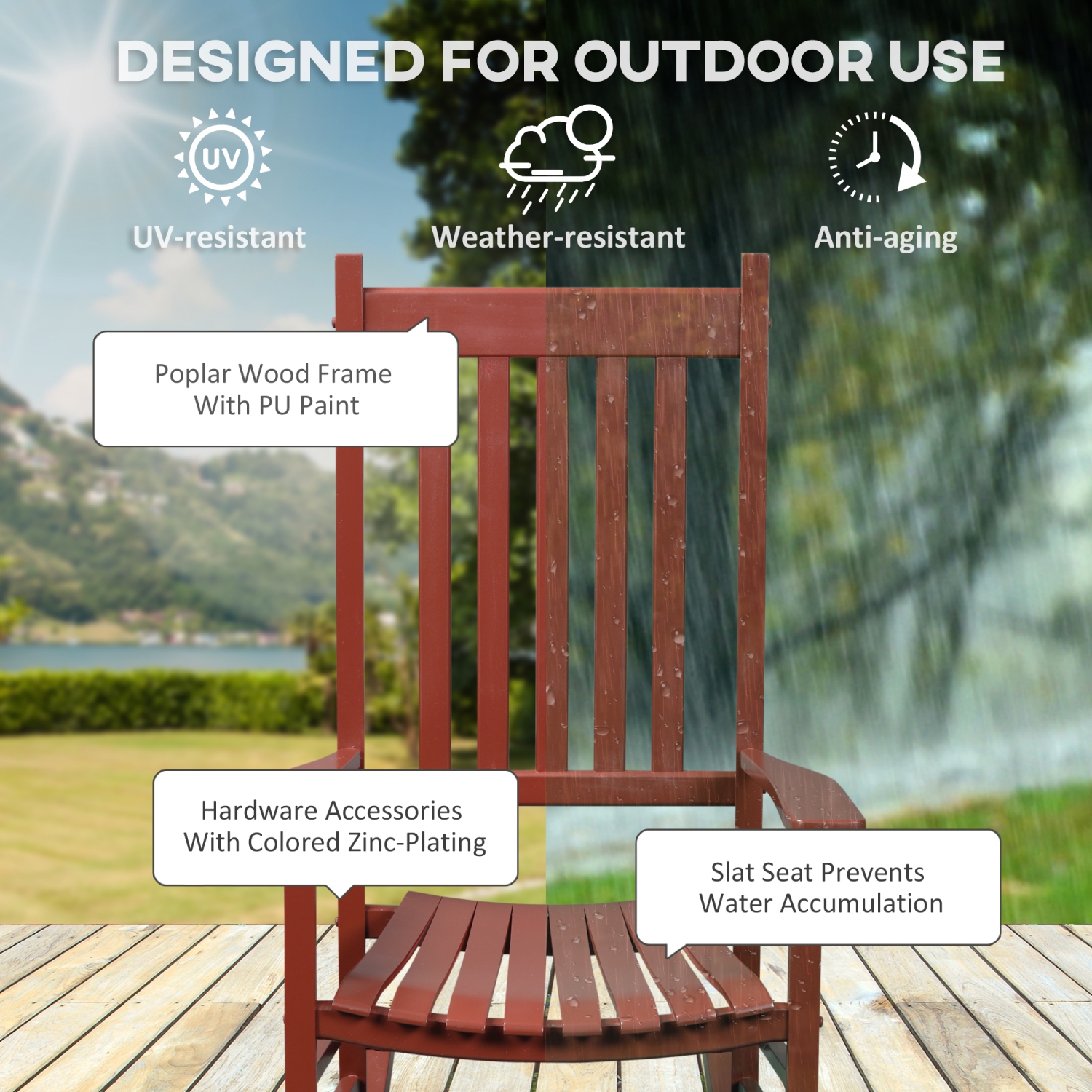Outsunny Wooden Porch Rocking Chair Outdoor Patio Rocker Garden Single Leisure Reclining Seat Armchair Wine Red