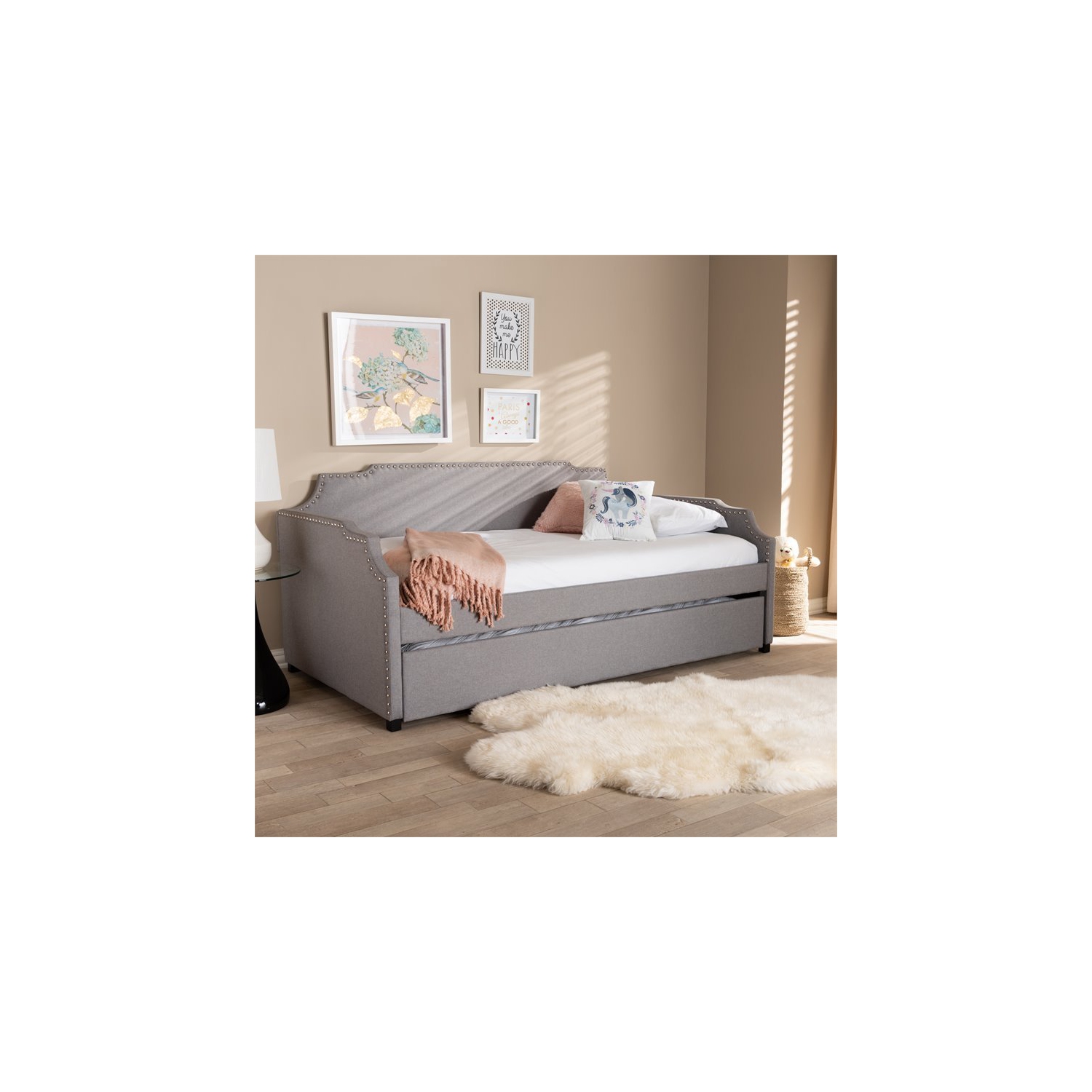 Lit de repos simple rembourré gris avec canapé-lit et lit gigogne Bowery Hill