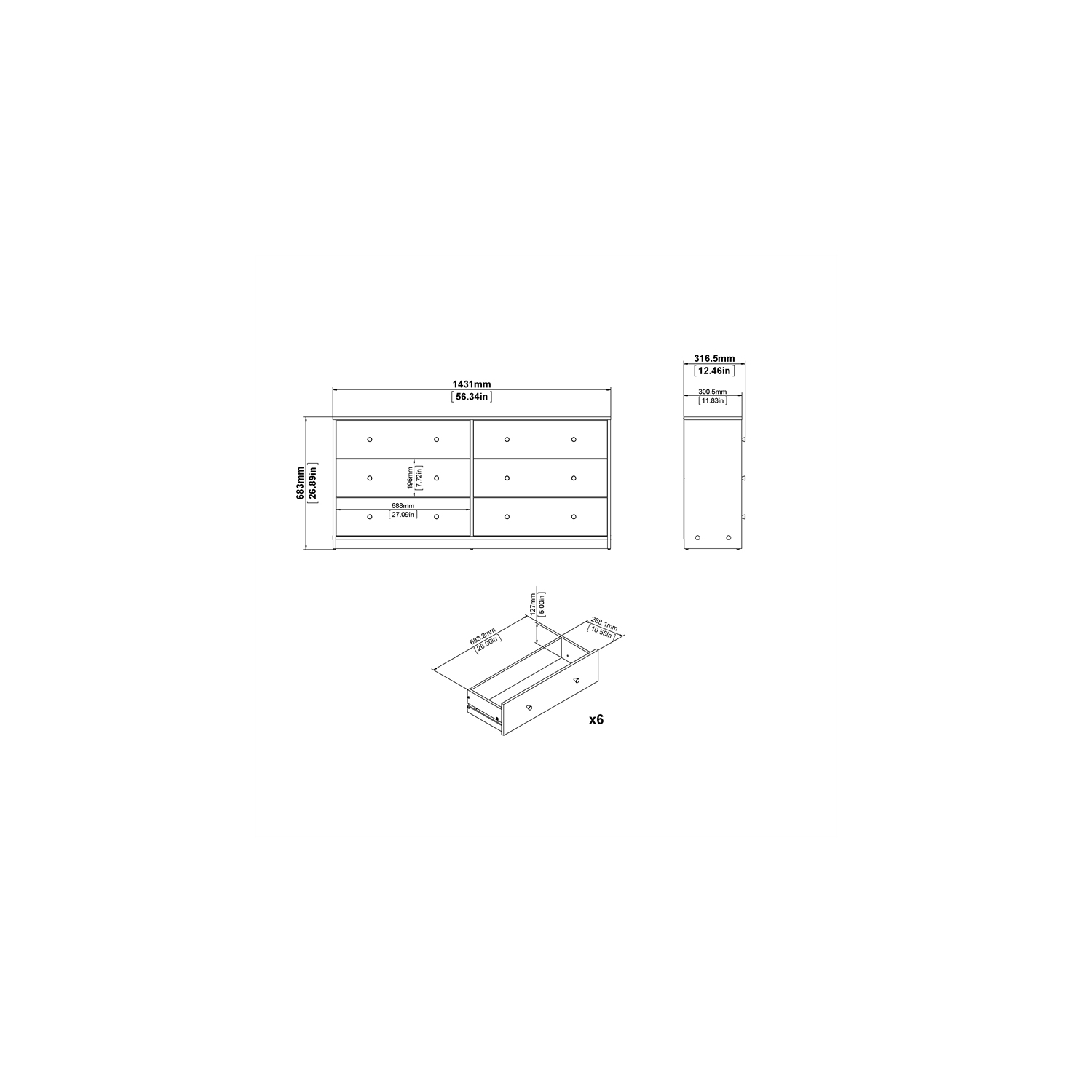 Pemberly Row Engineered Wood Brown Contemporary 6 Drawer Double Dresser