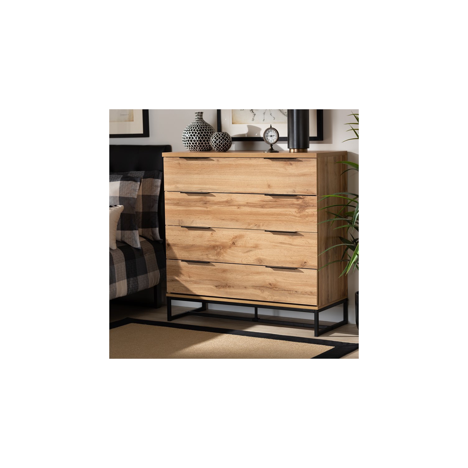 Bowery Hill Industrial Oak Finished Wood Black Metal 4-Drawer Dresser