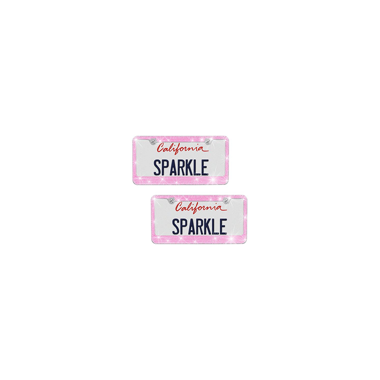 Stainless Steel Pink Sparkly Sparkling Diamond Crystal Bling Premium License Plate Frame Metal Silver Rhinestone for Women Universal Size for Car Truck SUV (Pack of 2)