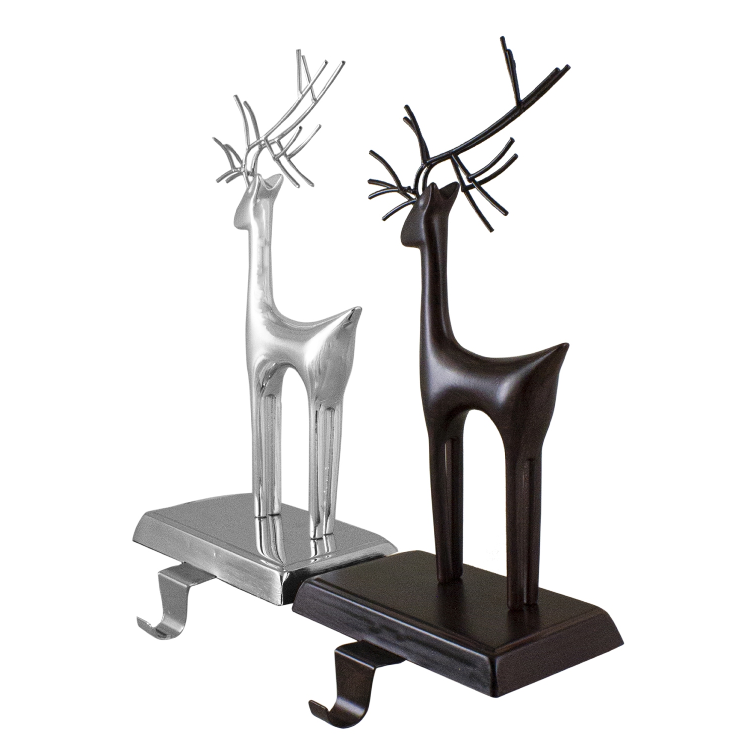 Set of 2 Oil Rubbed Bronze and Silver Reindeer Christmas Stocking Holders