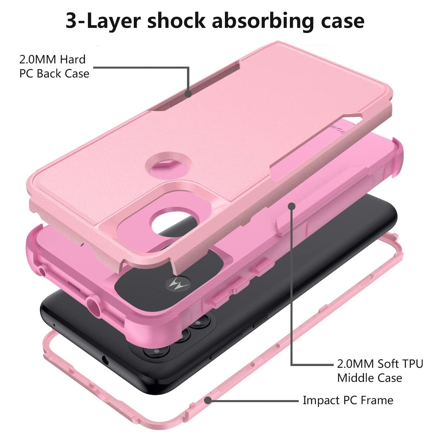 【CSmart】 Étui rigide anti-chute triple 3 couches antichoc robuste Defender pour Motorola Moto G Power 2022 / G Play 2023, Rose