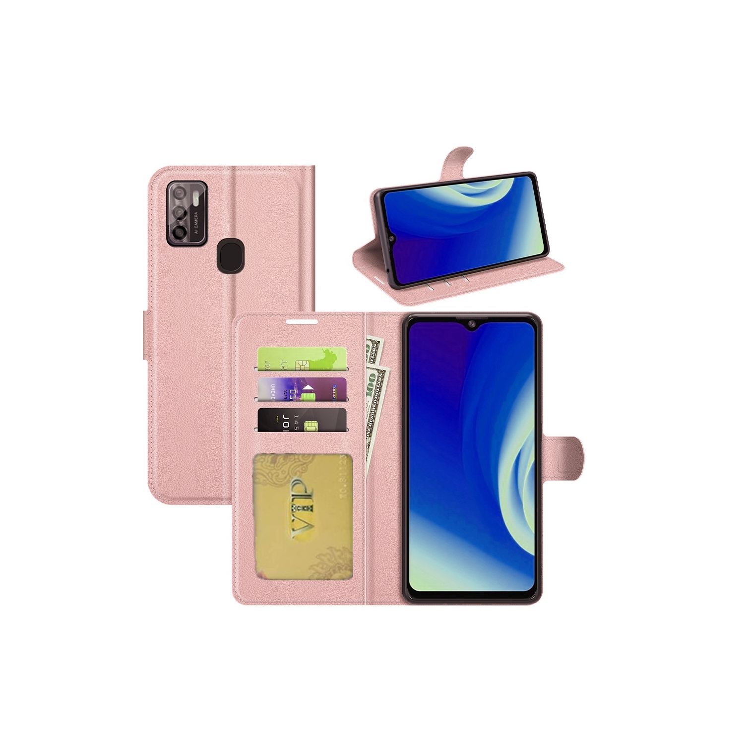 【CSmart】 Magnetic Card Slot Leather Folio Wallet Flip Case Cover for ZTE Blade A7P, Rose Gold