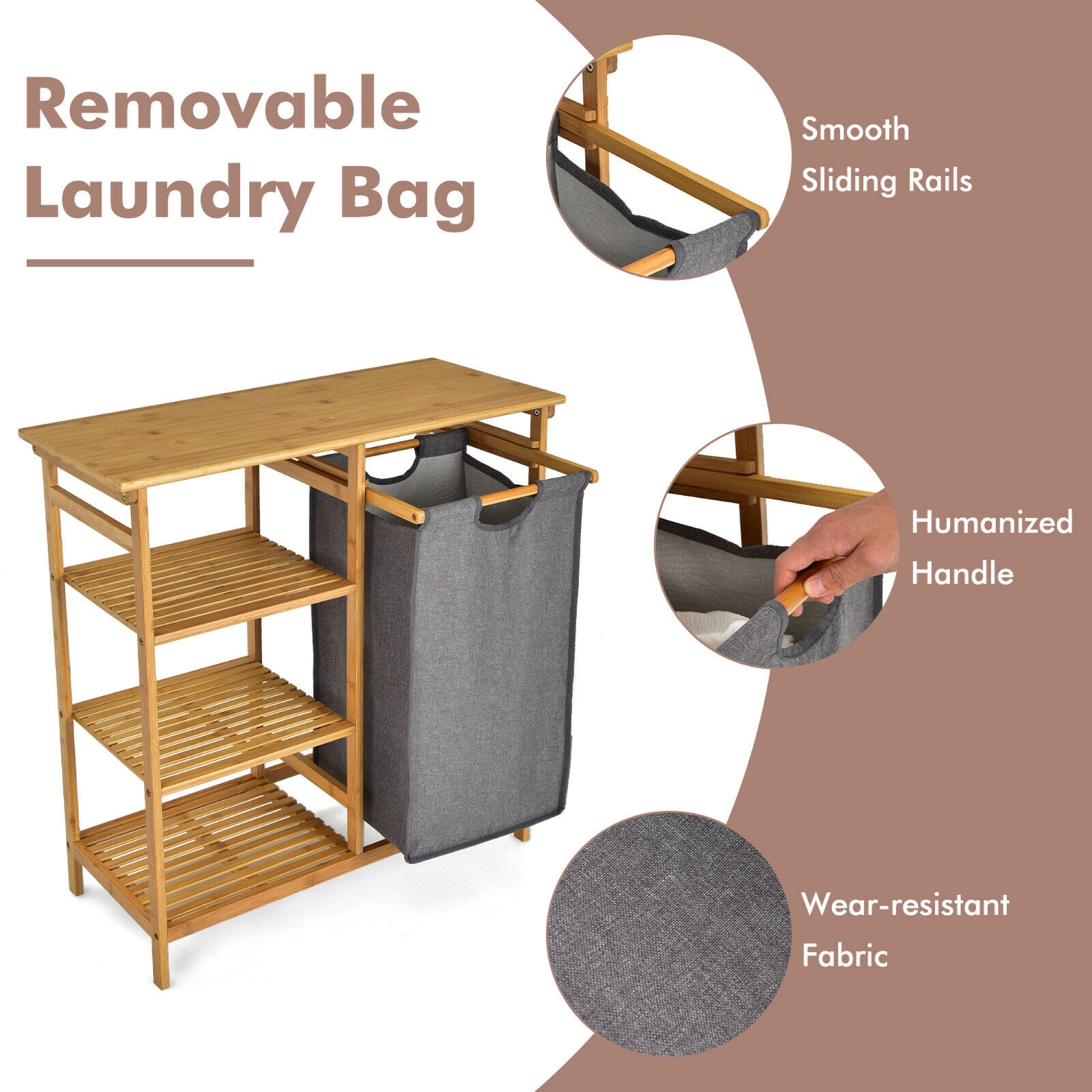 Gymax Laundry Hamper Basket Table Bamboo w/Storage Shelves and Sliding Bag