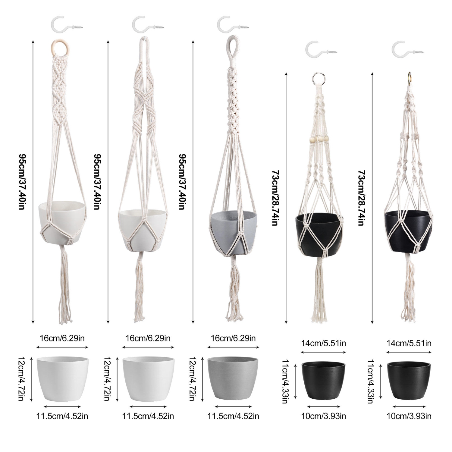 Yardlab Set of 5 Indoor Hanging Planter Flower Pot with Macrame Plant Hangers For home, bedroom, balcony or patio