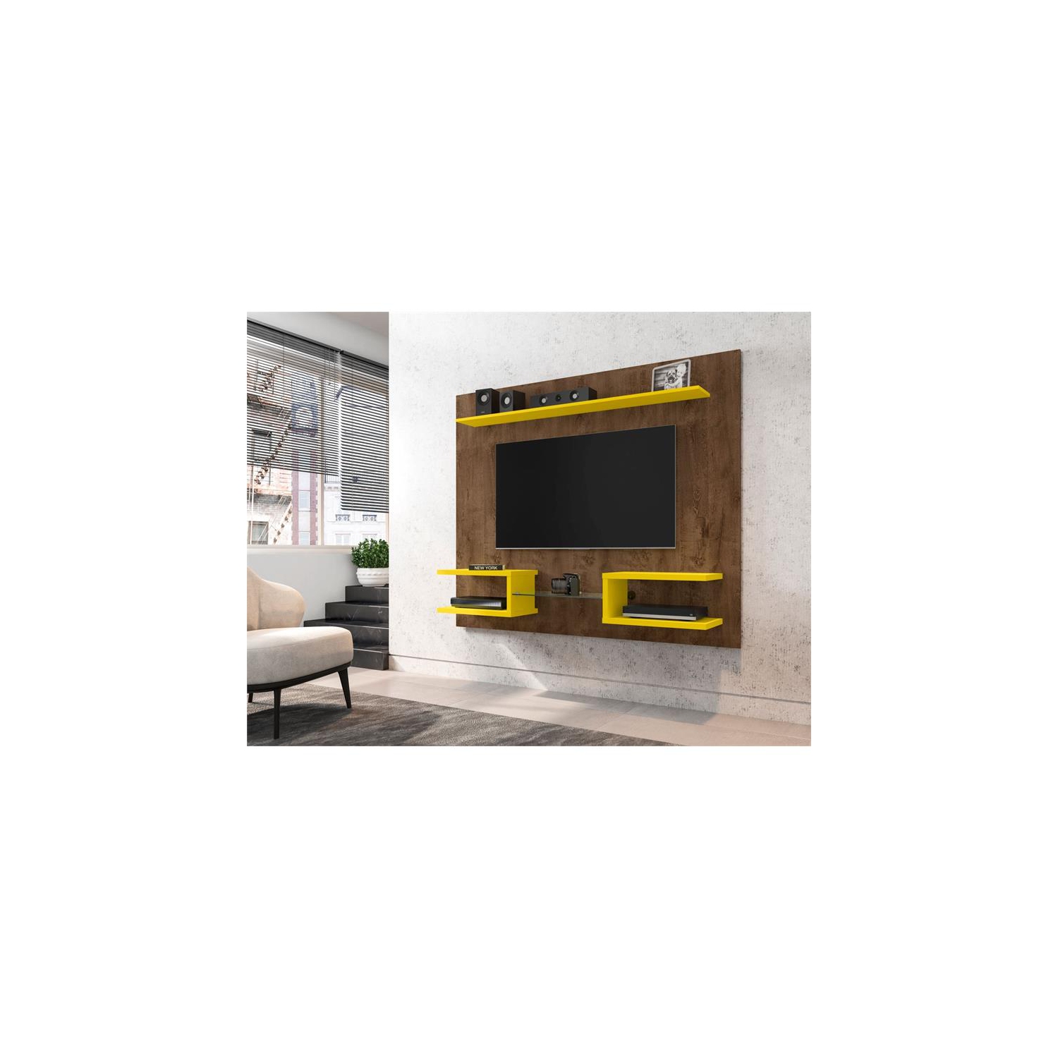 Plaza Wood 65" Floating Entertainment Center in Rustic Brown & Yellow