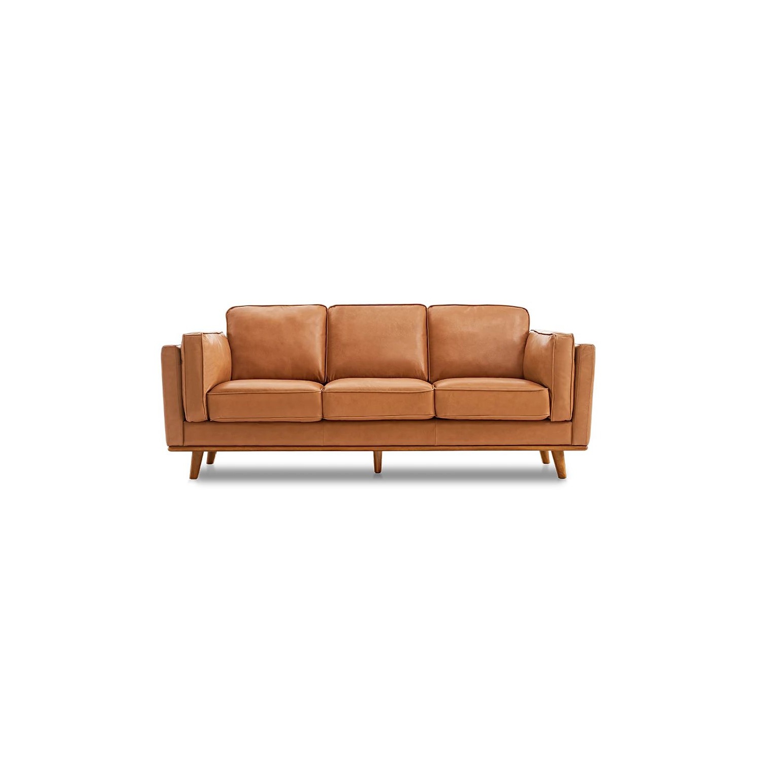 Valencia Artisan Modern Top Grain Leather Sofa with Wooden Base, Cognac