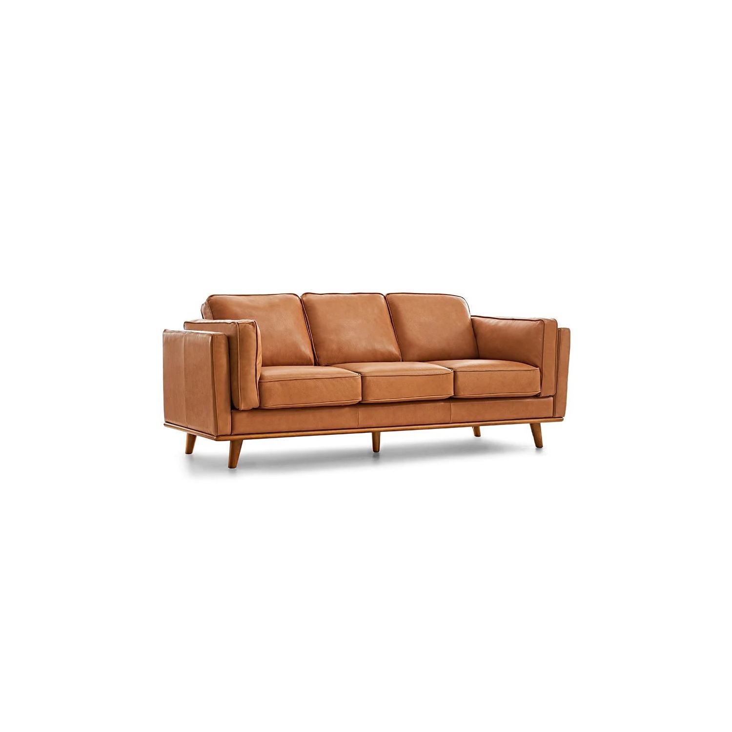 Valencia Artisan Modern Top Grain Leather Sofa with Wooden Base, Cognac