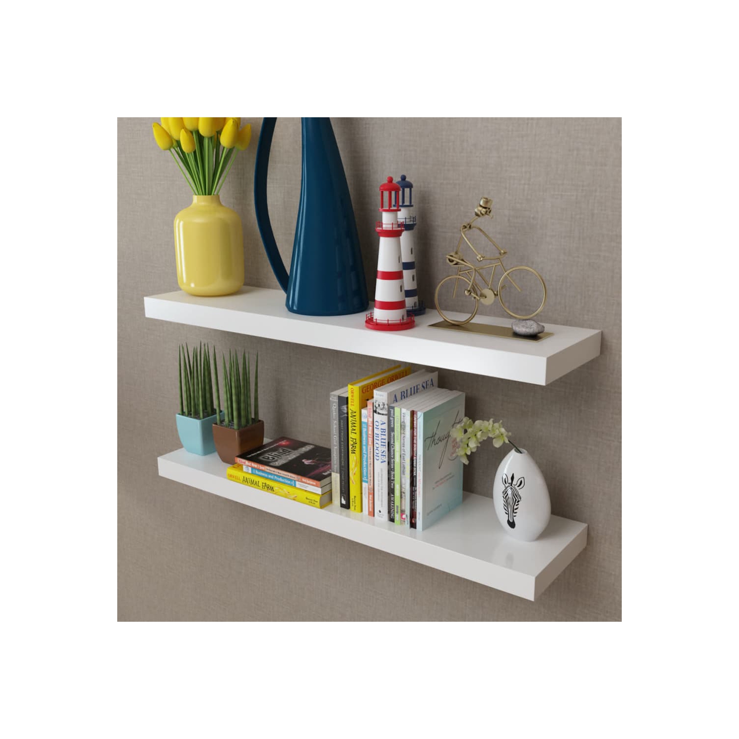 2 White MDF Floating Wall Display Shelves Book/DVD Storage