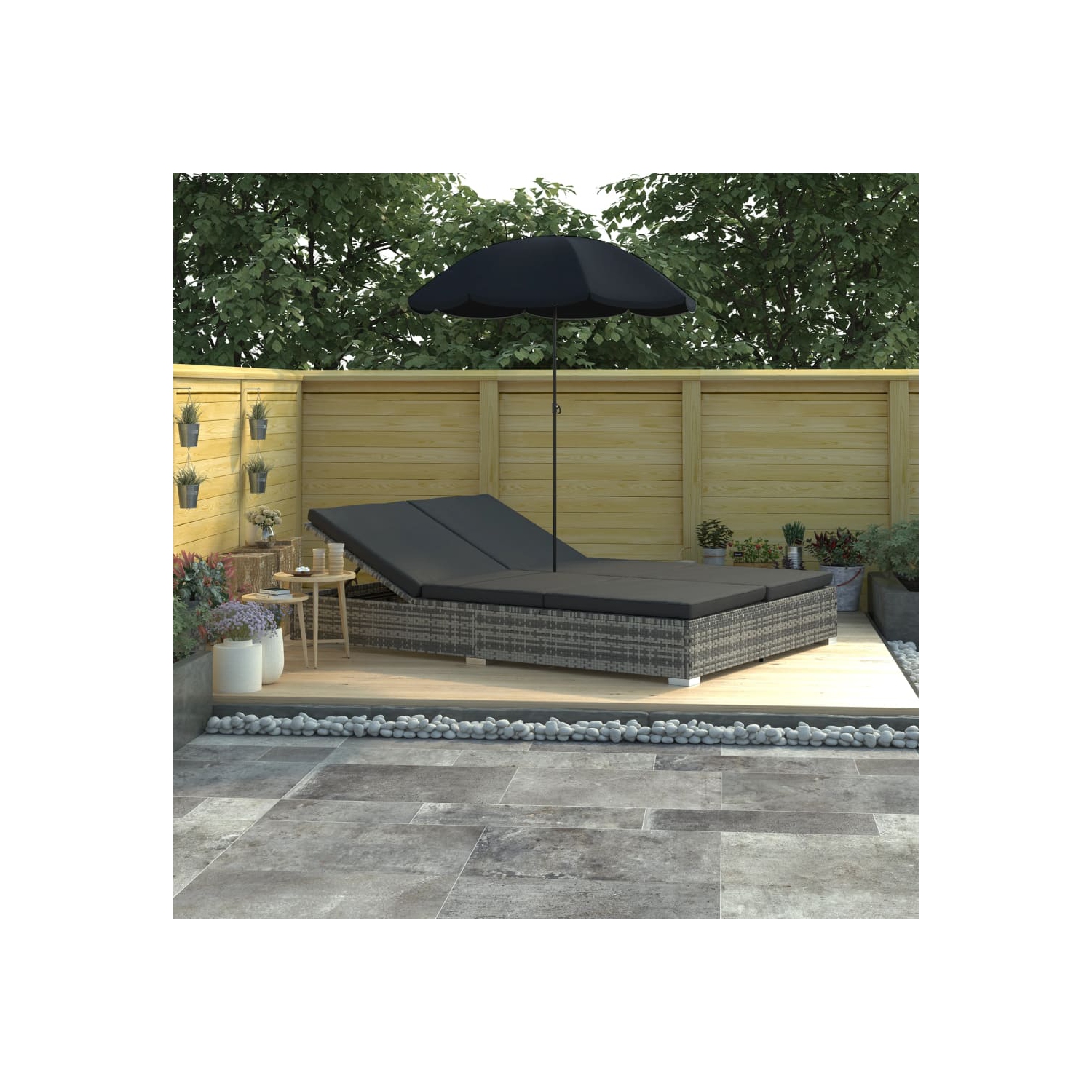 vidaXL Patio Lounge Bed with Umbrella Poly Rattan Gray