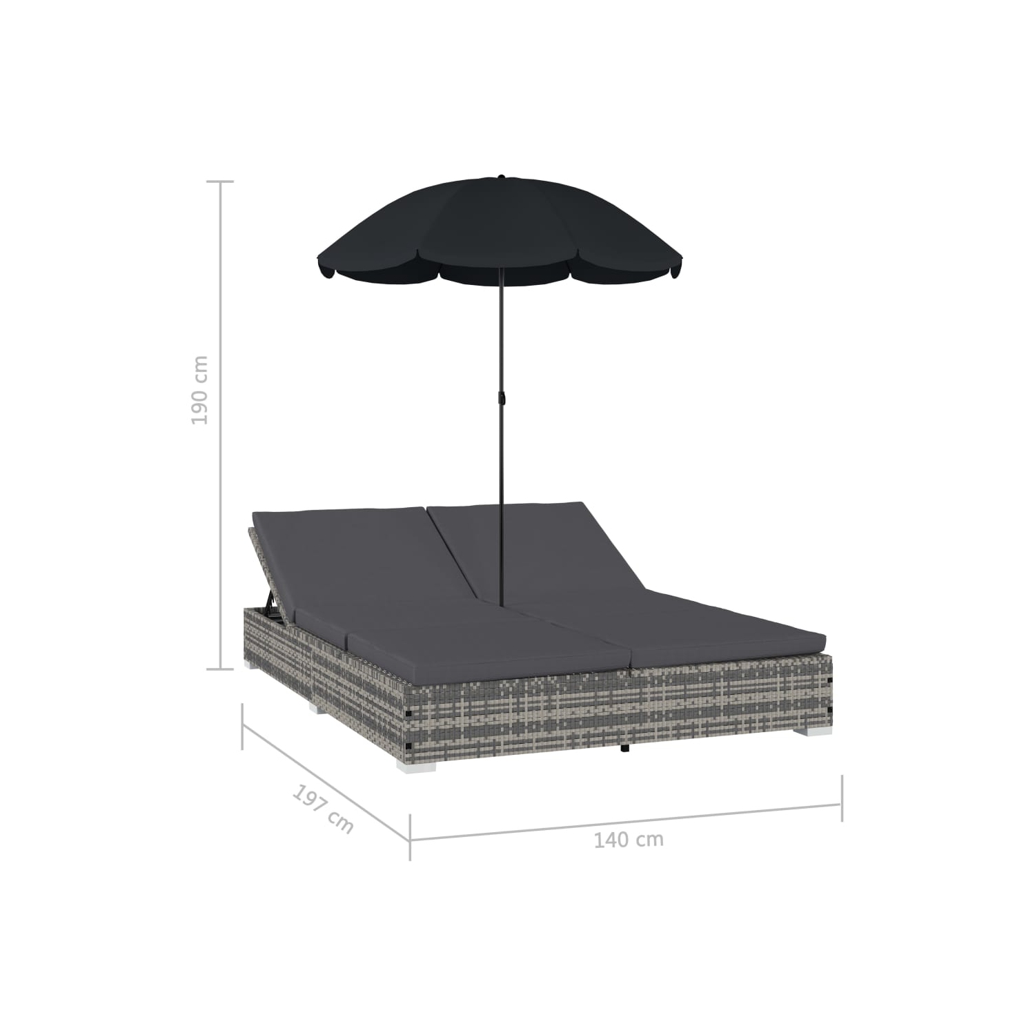 vidaXL Patio Lounge Bed with Umbrella Poly Rattan Gray