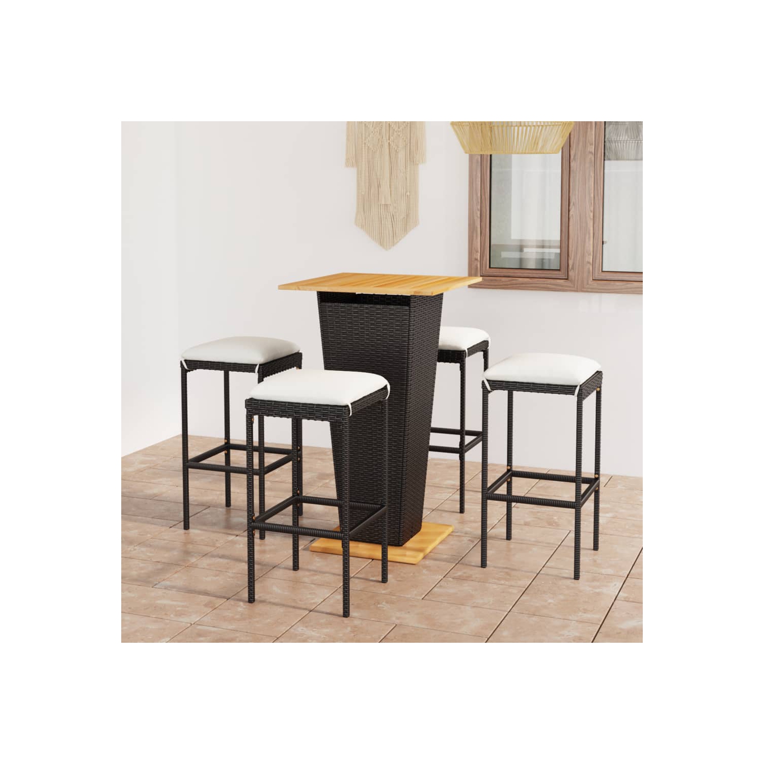 vidaXL 5 Piece Patio Bar Set with Cushions Poly Rattan Black