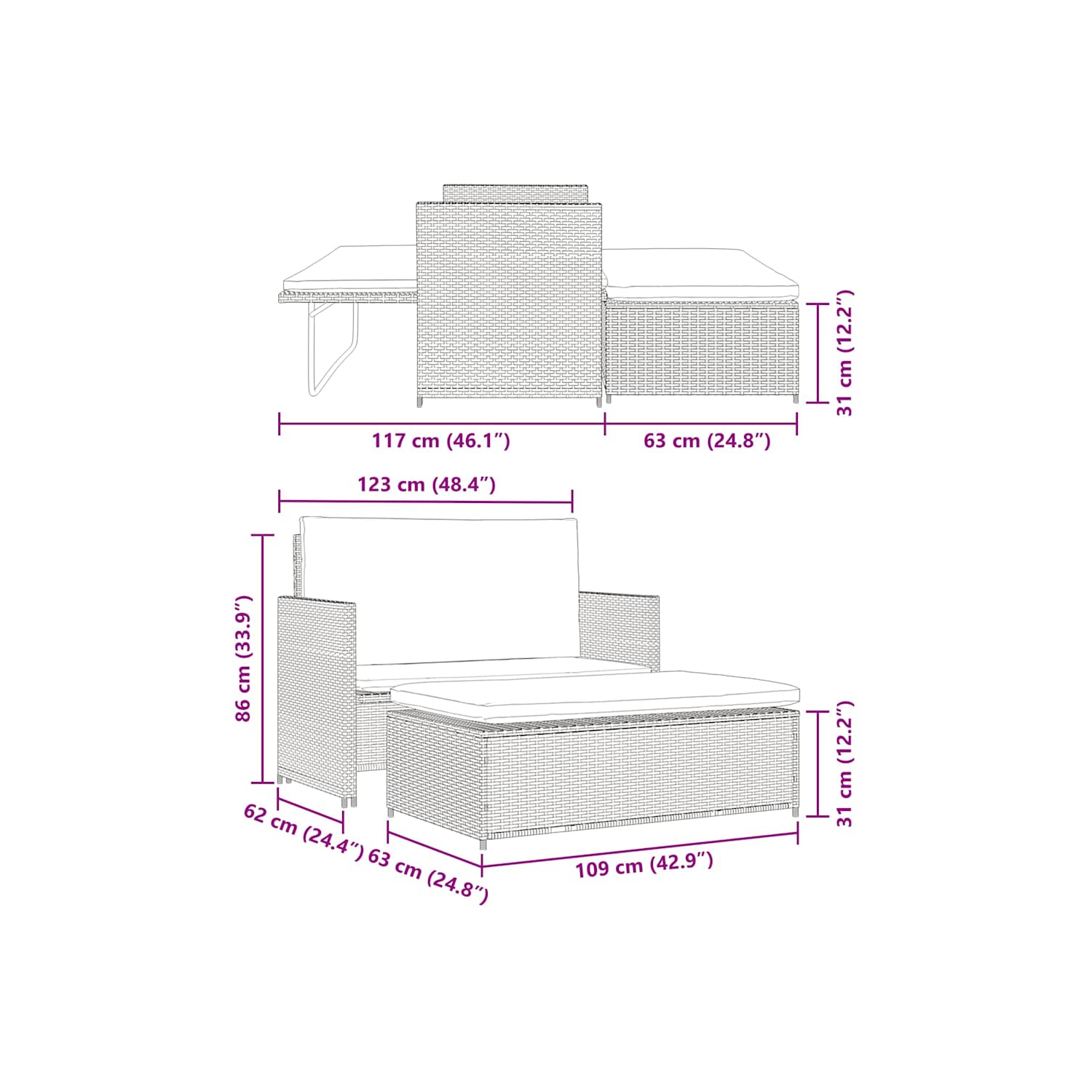 vidaXL 2 Piece Patio Lounge Set with Cushions Poly Rattan Black