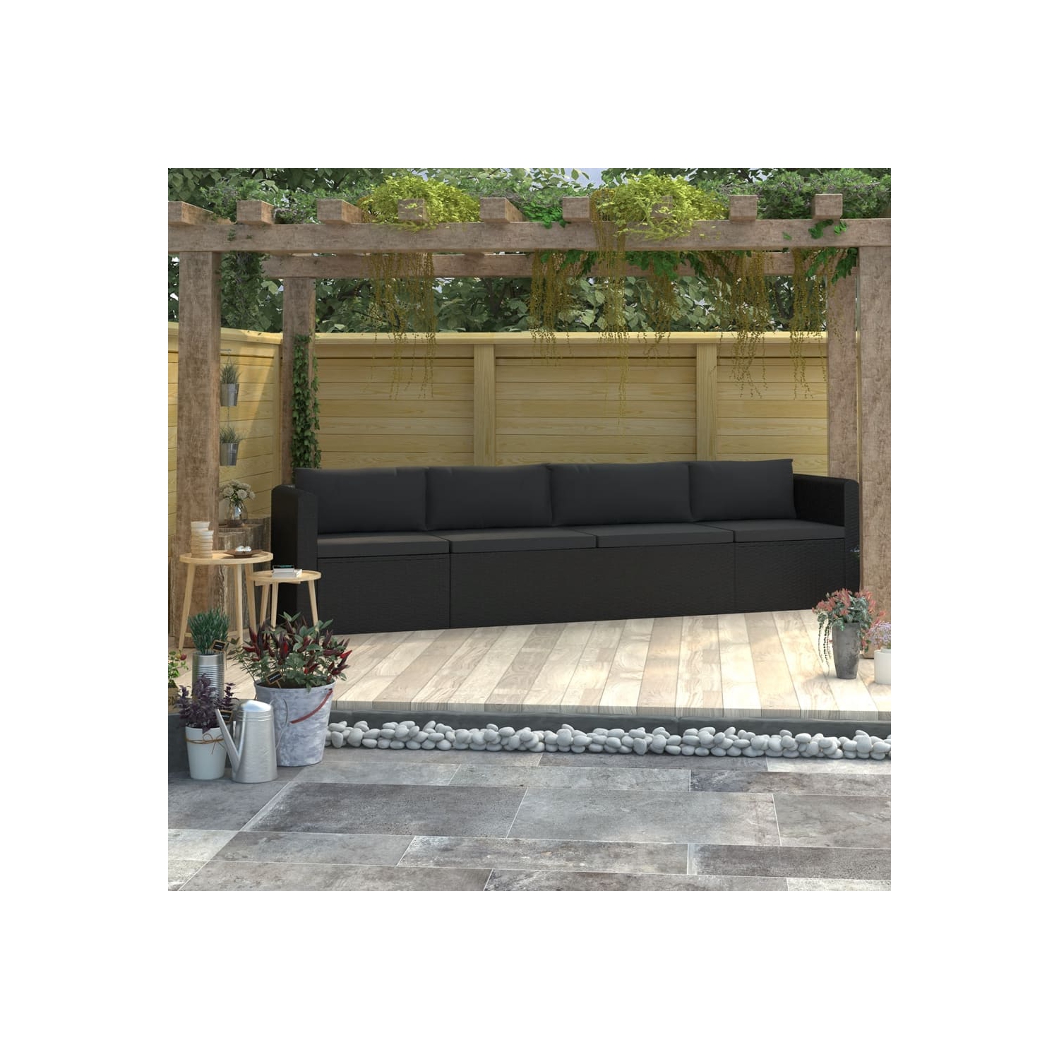 Ensemble de 4 pièces avec sofa de patio avec coussins en rotin noir
