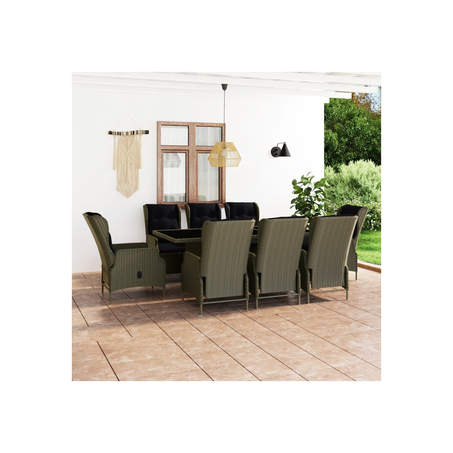 vidaXL 9 Piece Patio Dining Set with Cushions Poly Rattan Brown
