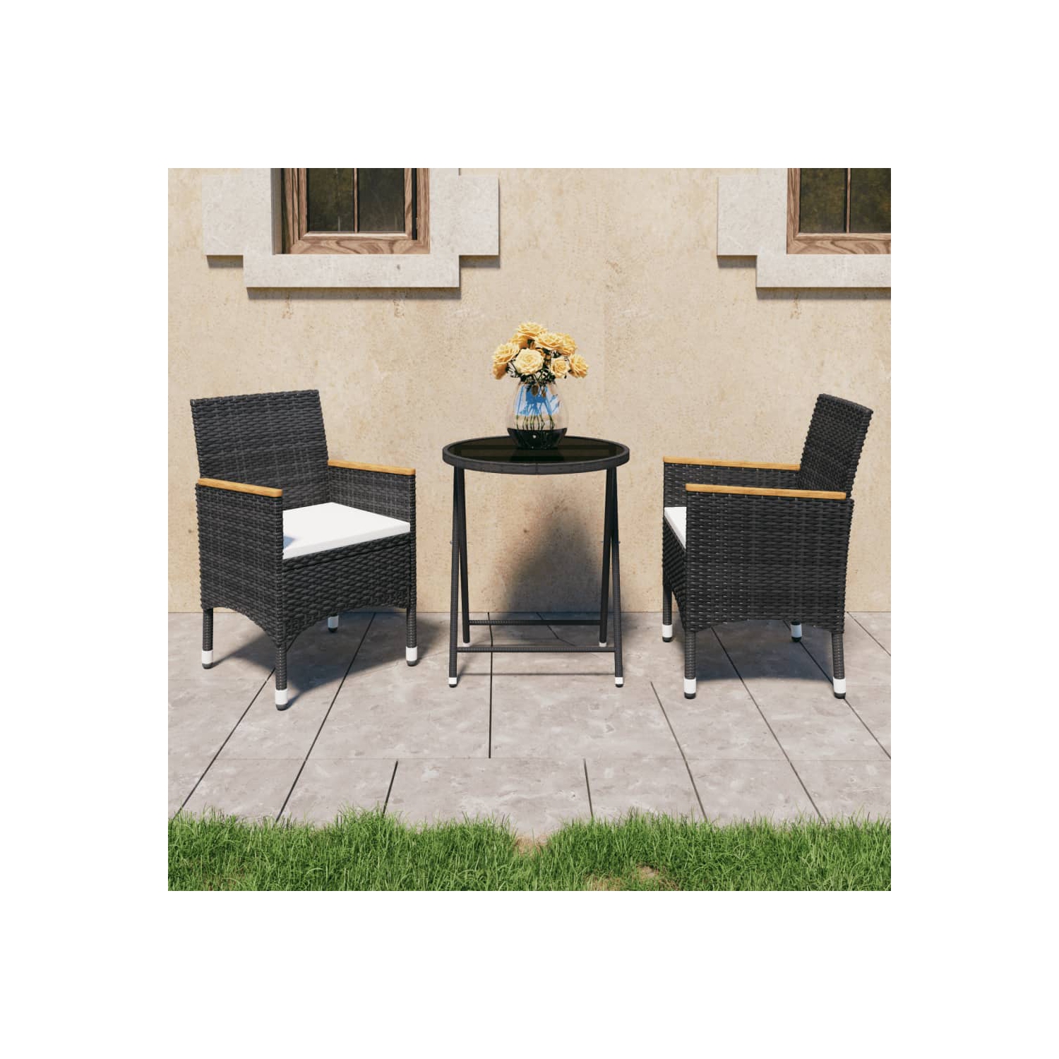 Ensemble bistro de patio de 3 pièces en poly rotin et verre trempé noir vidaXL