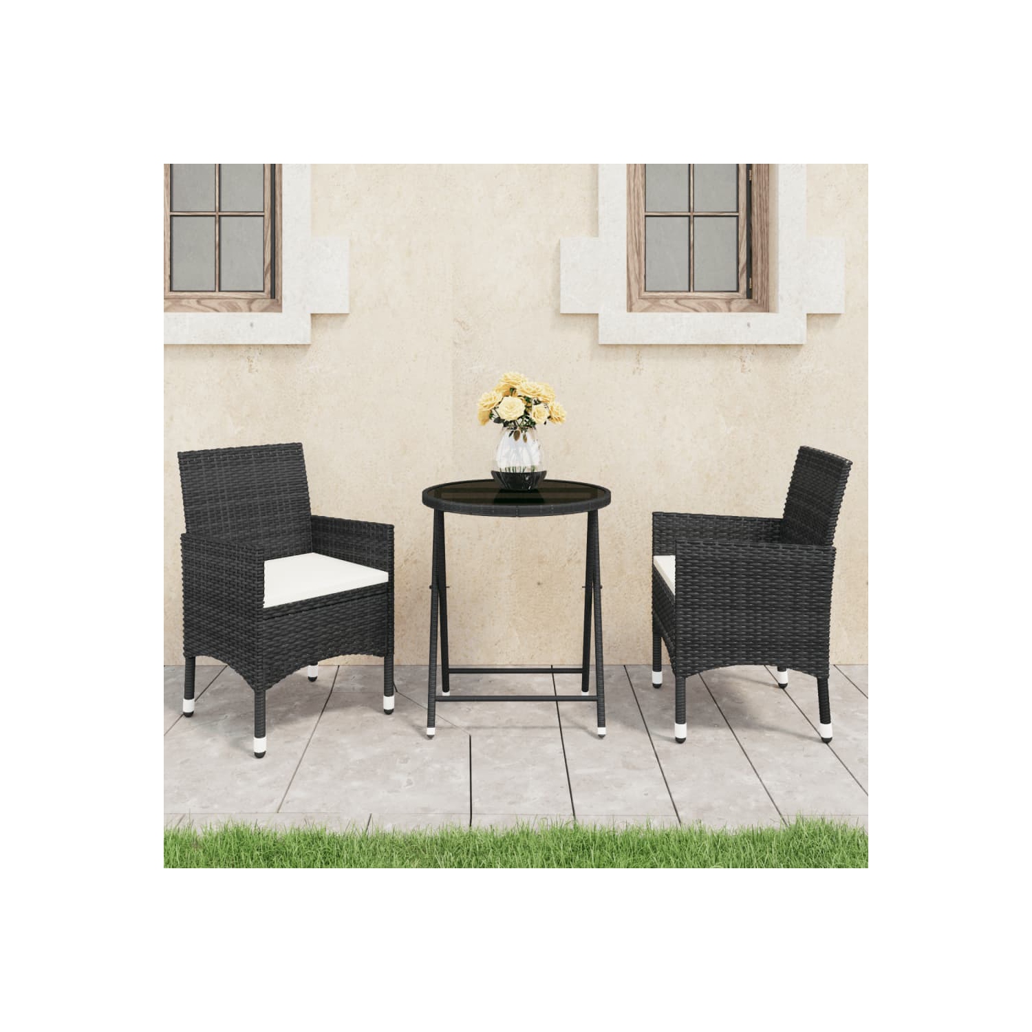 vidaXL 3 Piece Patio Bistro Set Poly Rattan and Tempered Glass Black